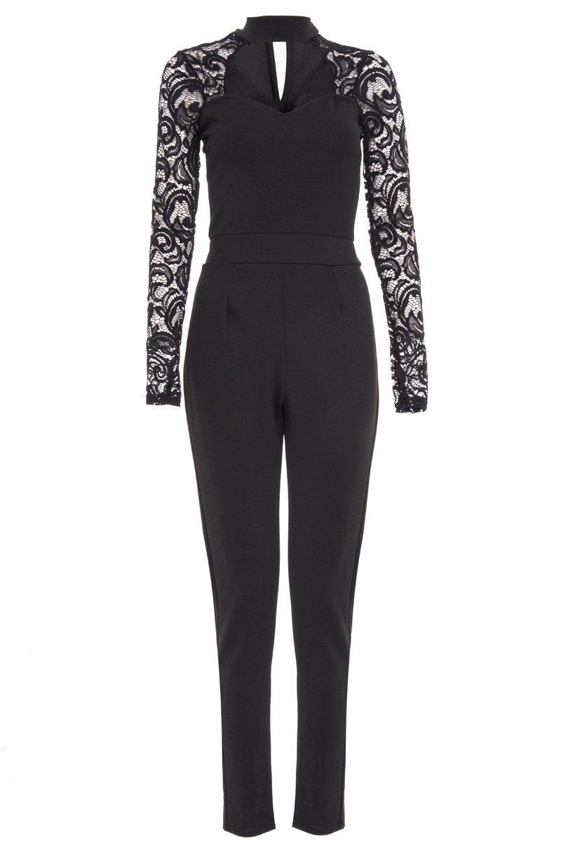 Black Crepe Lace Long Sleeves Turt Neck Jumpsuit