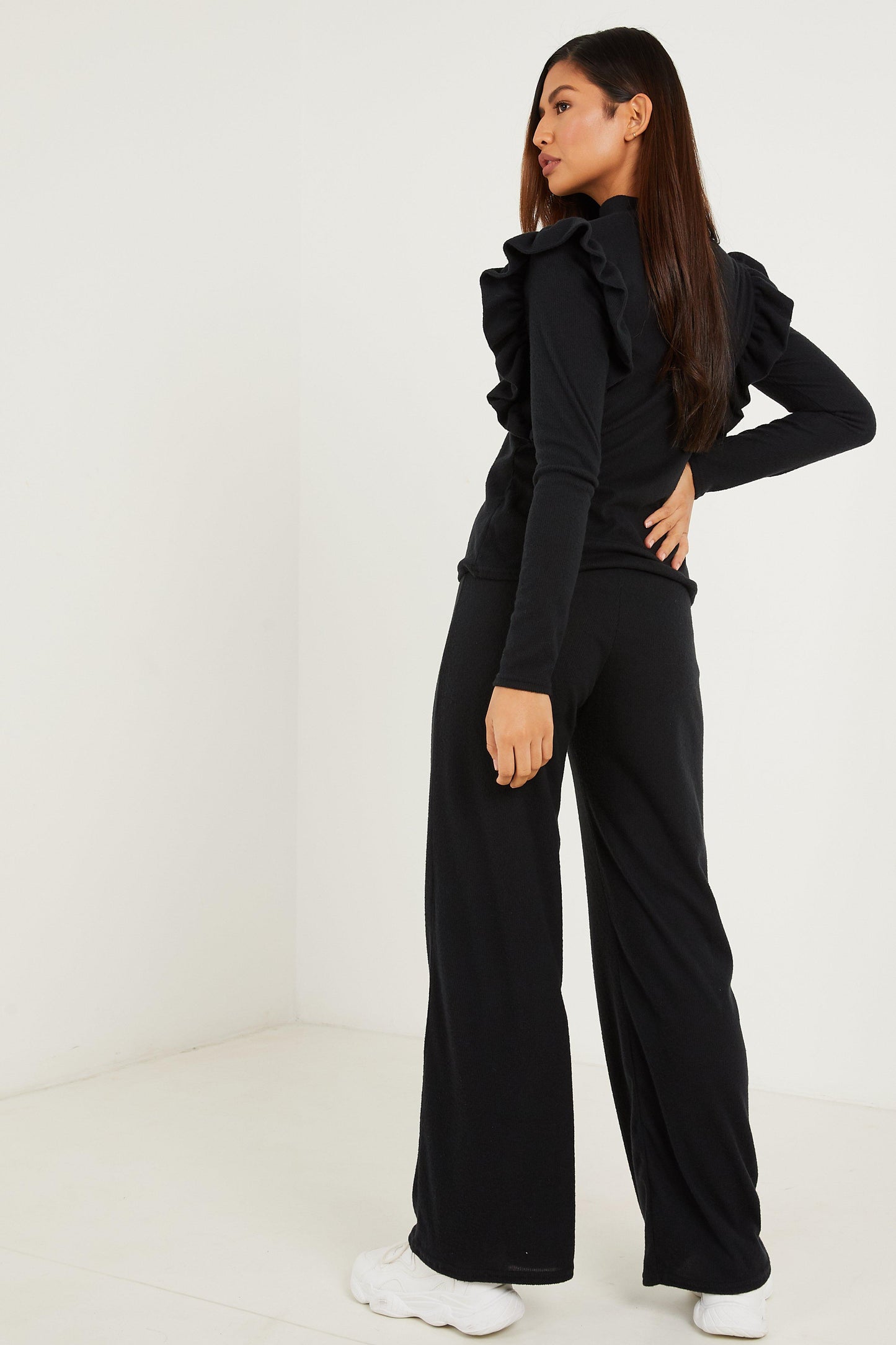 Black Frill Ribbed Top