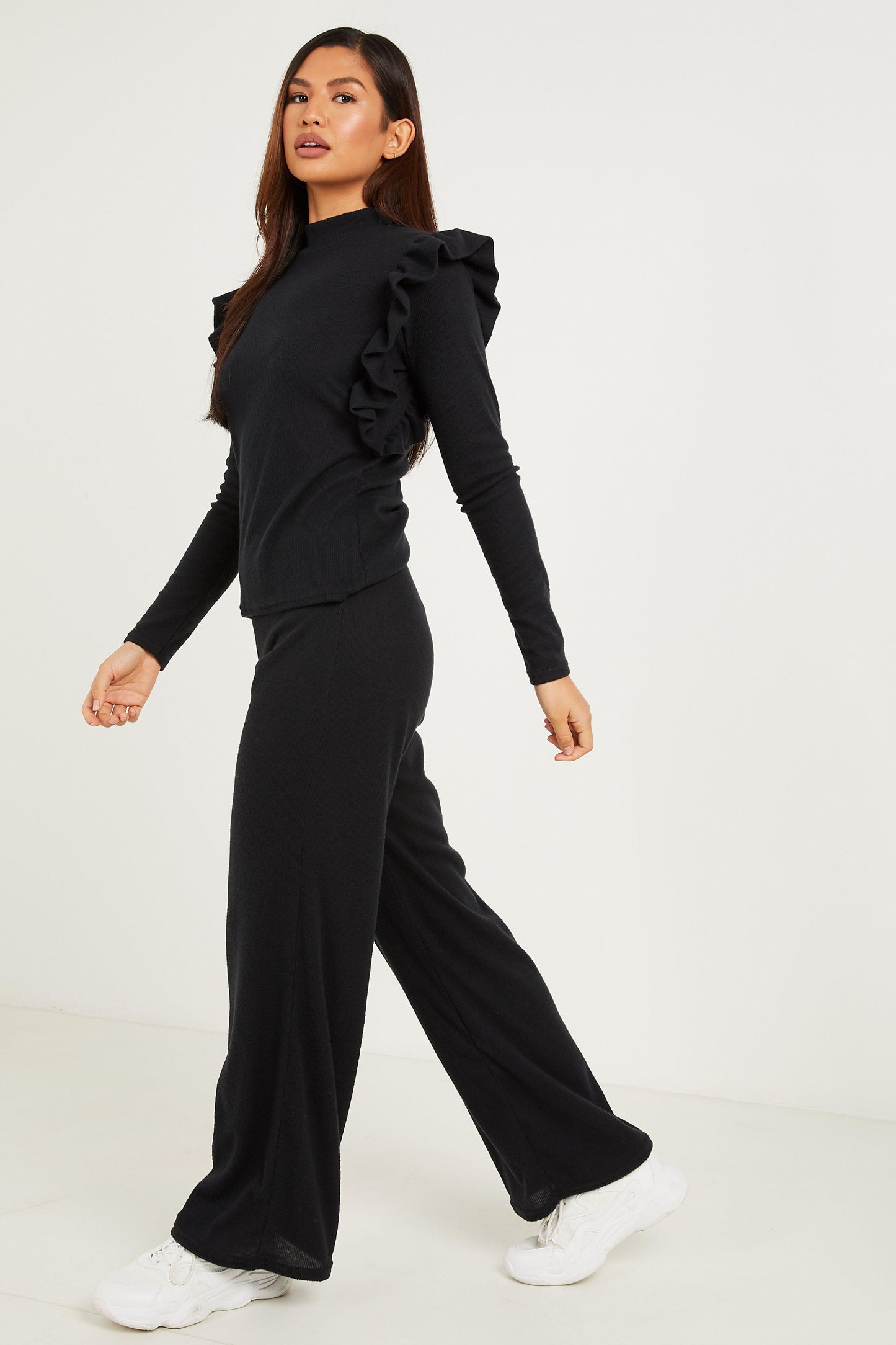 Black Frill Ribbed Top