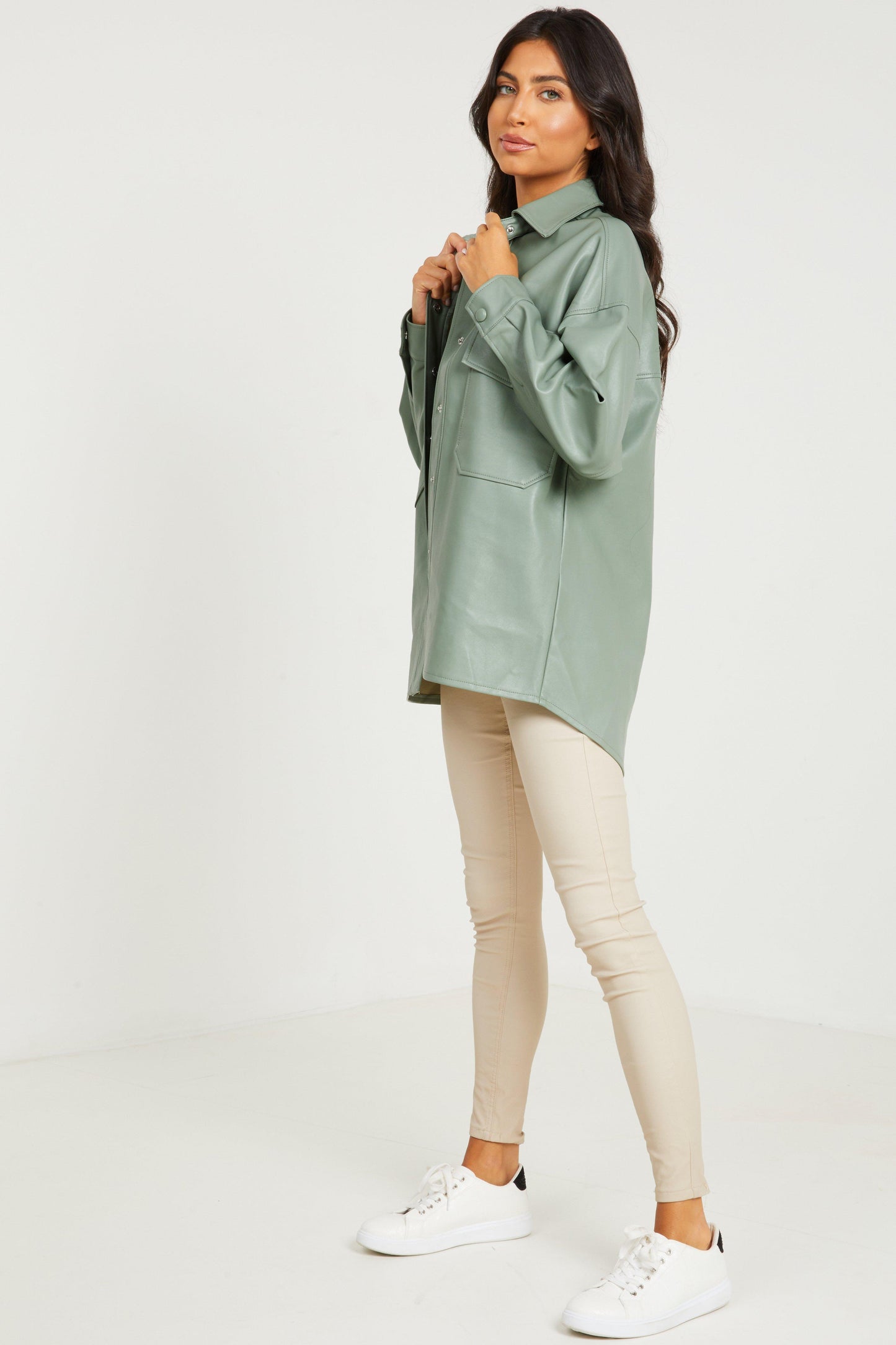Sage Faux Leather Shacket