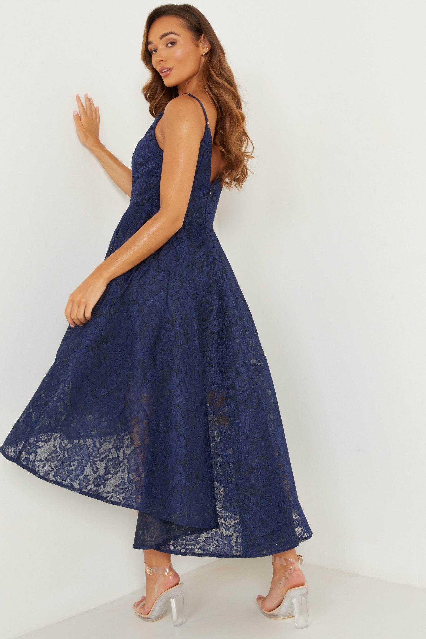 Navy Lace Dip Hem Midi Dress