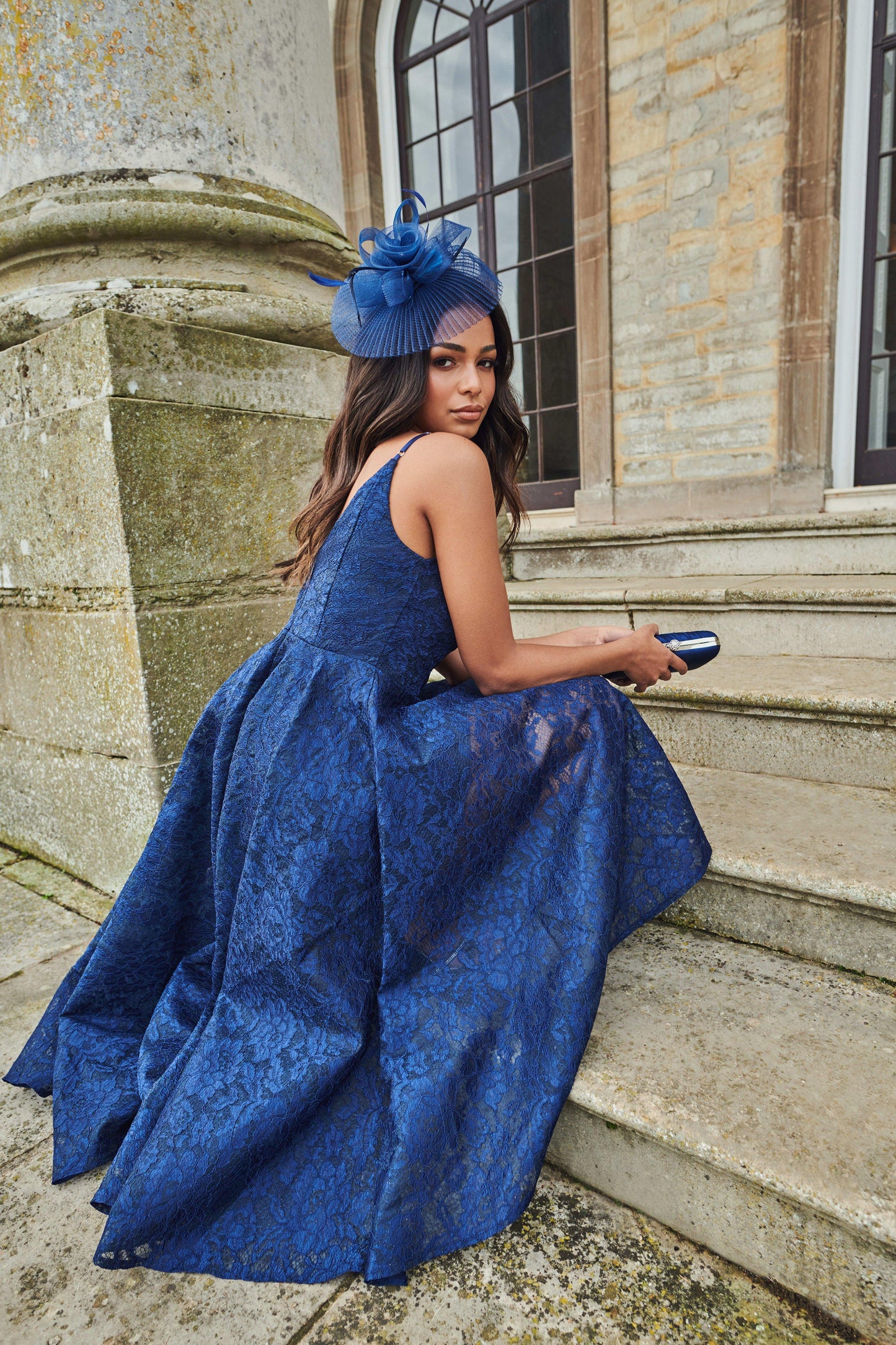 Navy Lace Dip Hem Midi Dress