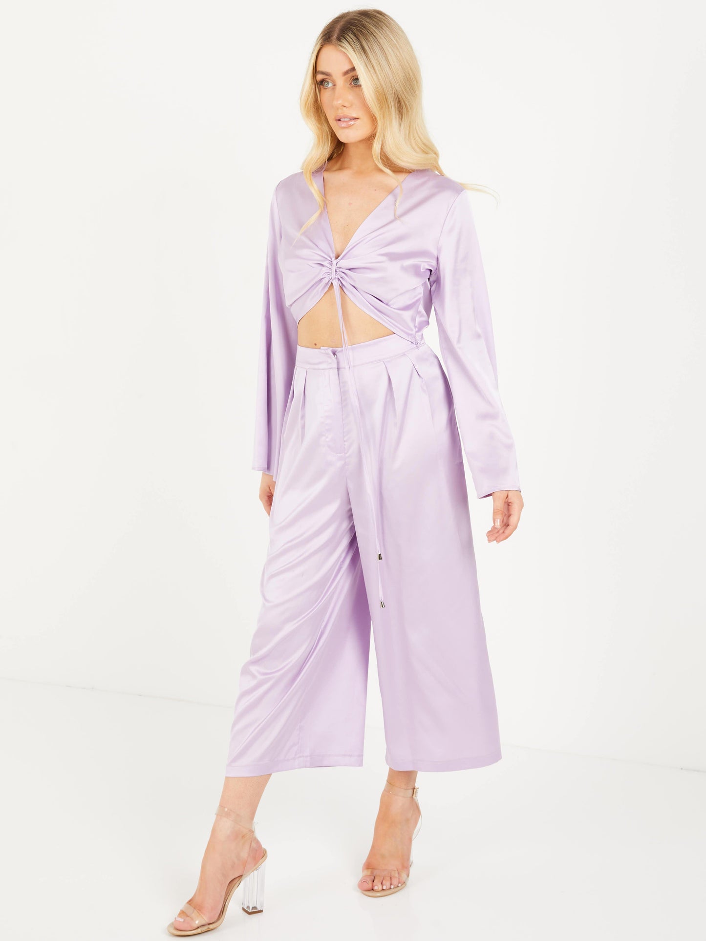 Satin Long Sleeves Tie Front Crop Top