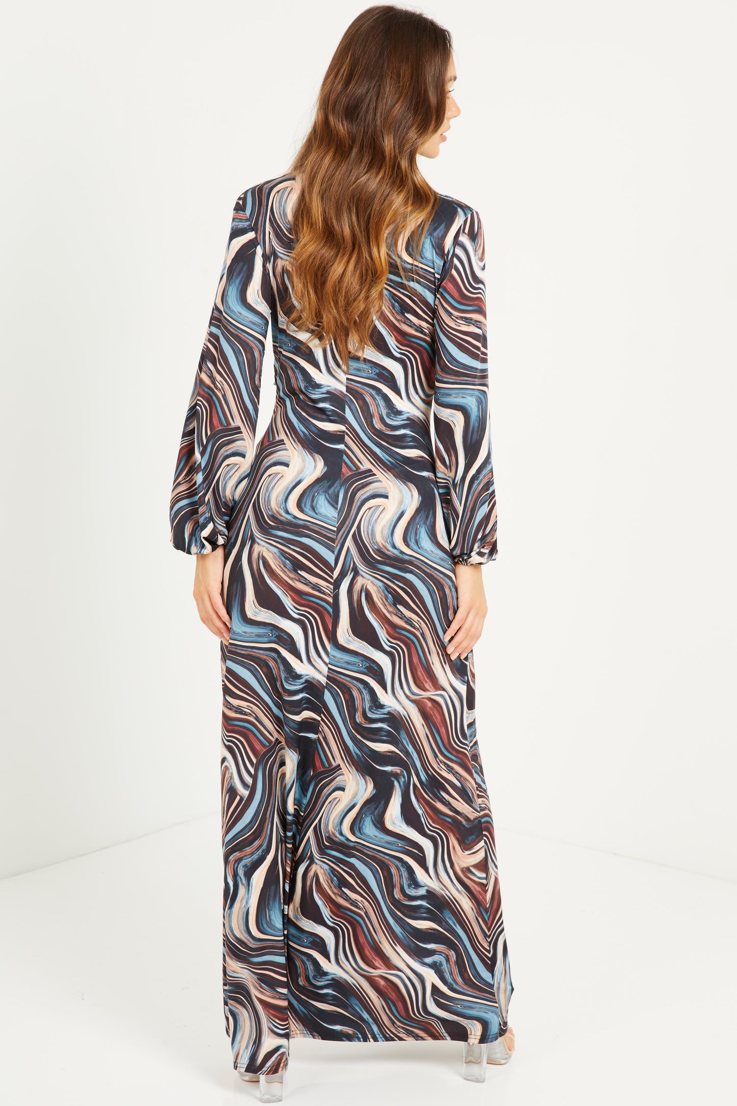 Brown/Blue Soft Marble Frill Long Sleeves Jumpsuit