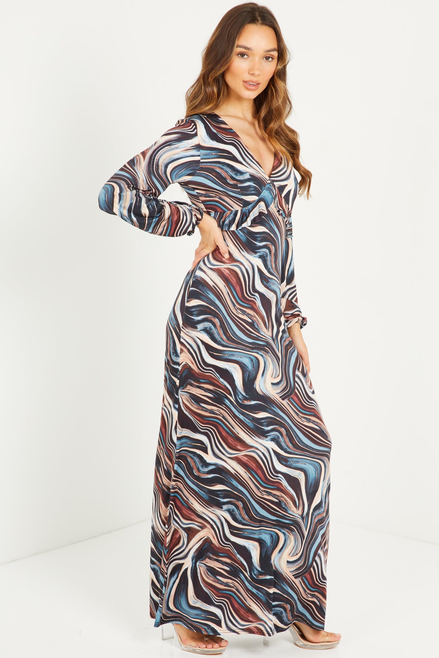 Brown/Blue Soft Marble Frill Long Sleeves Jumpsuit