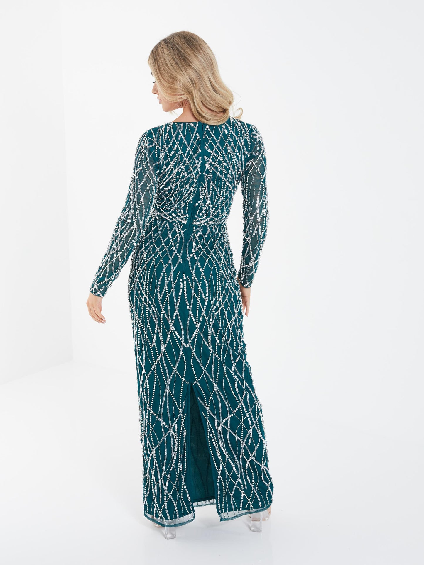 Green Emerald Long Sleeves Sequence Maxi Dress