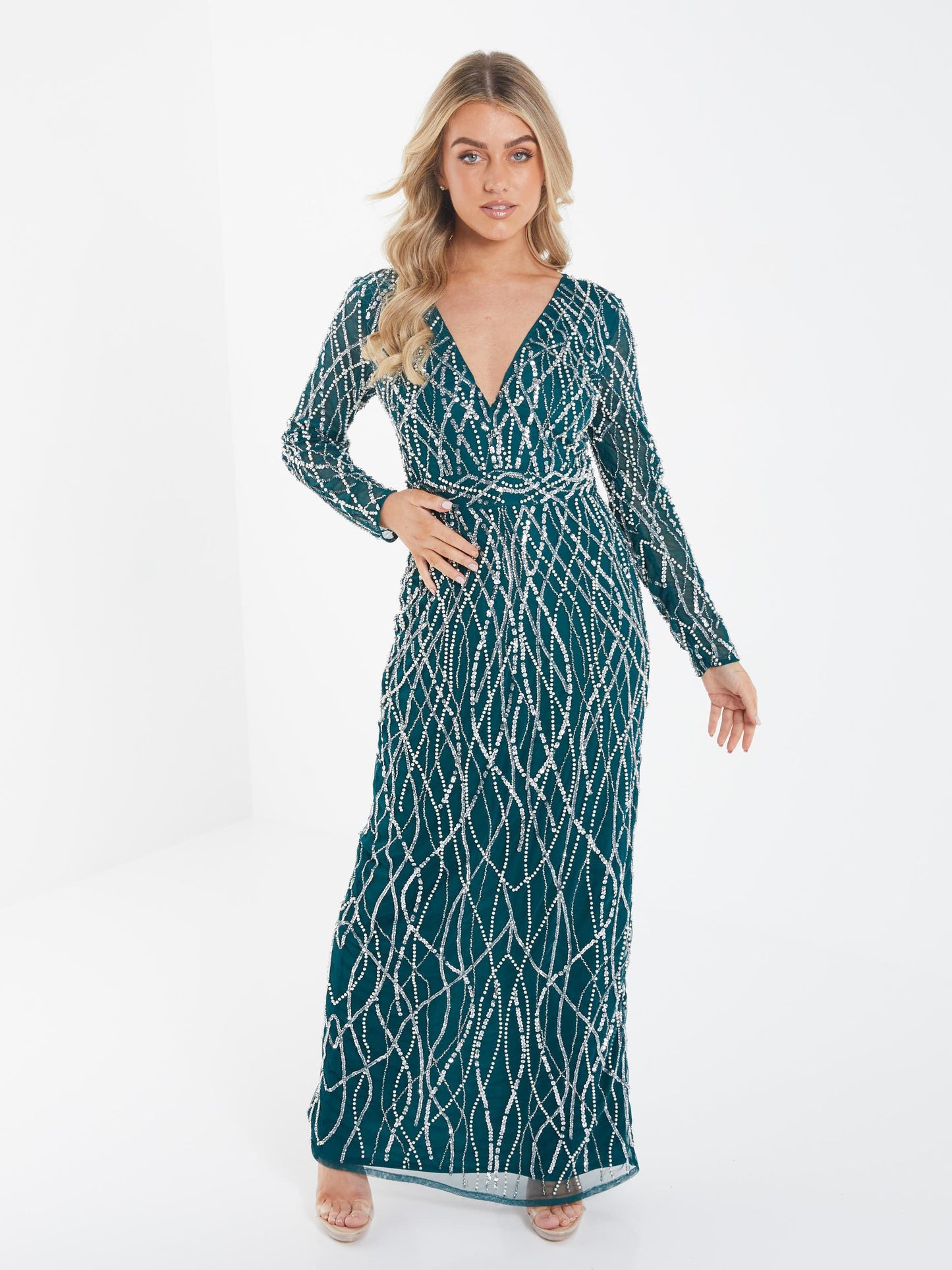 Green Emerald Long Sleeves Sequence Maxi Dress