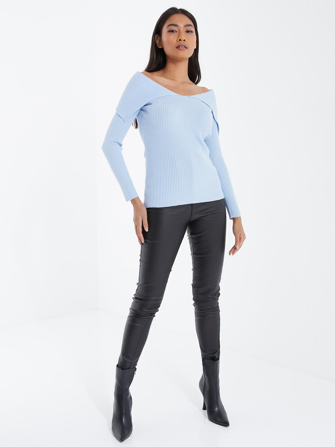Pale Blue Long Knit Bardot Long Sleeves Top