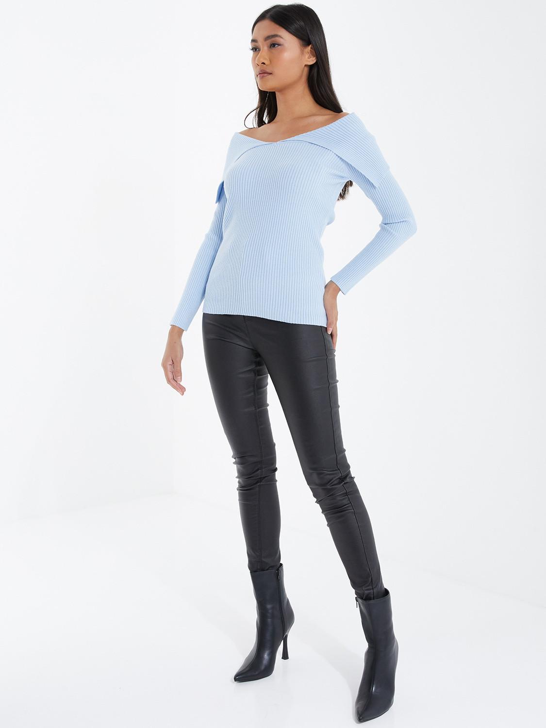Pale Blue Long Knit Bardot Long Sleeves Top