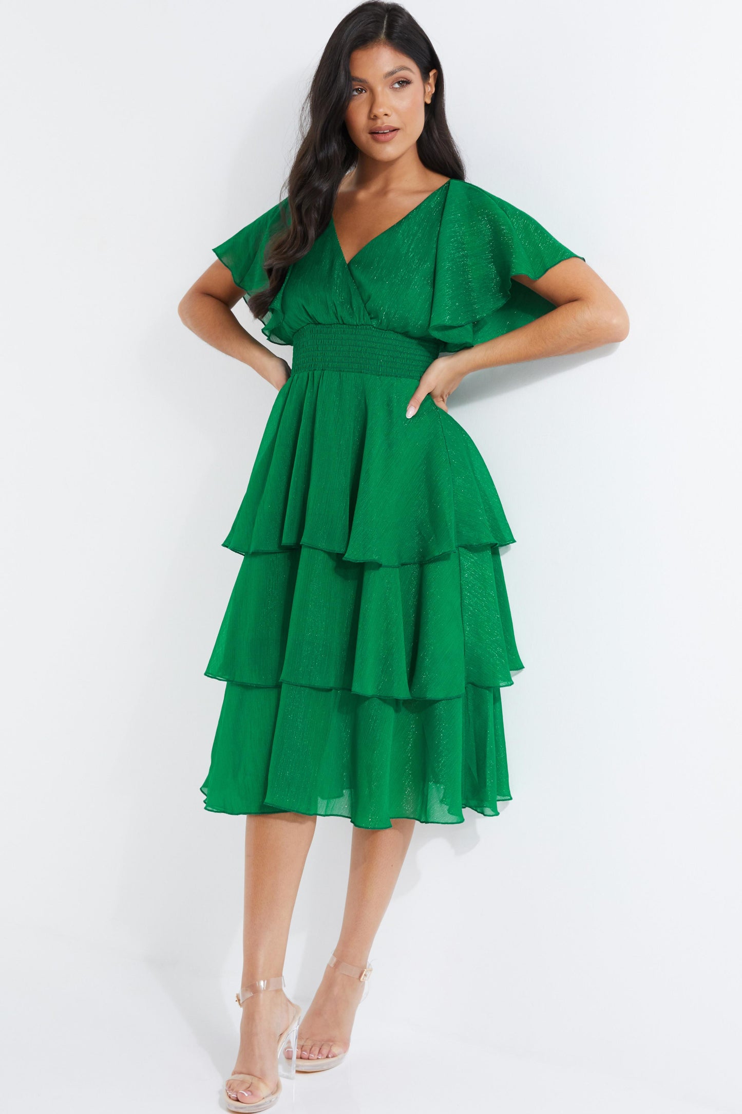 Green Chiffon Tiered Midi Dress — DARK GREEN / 10