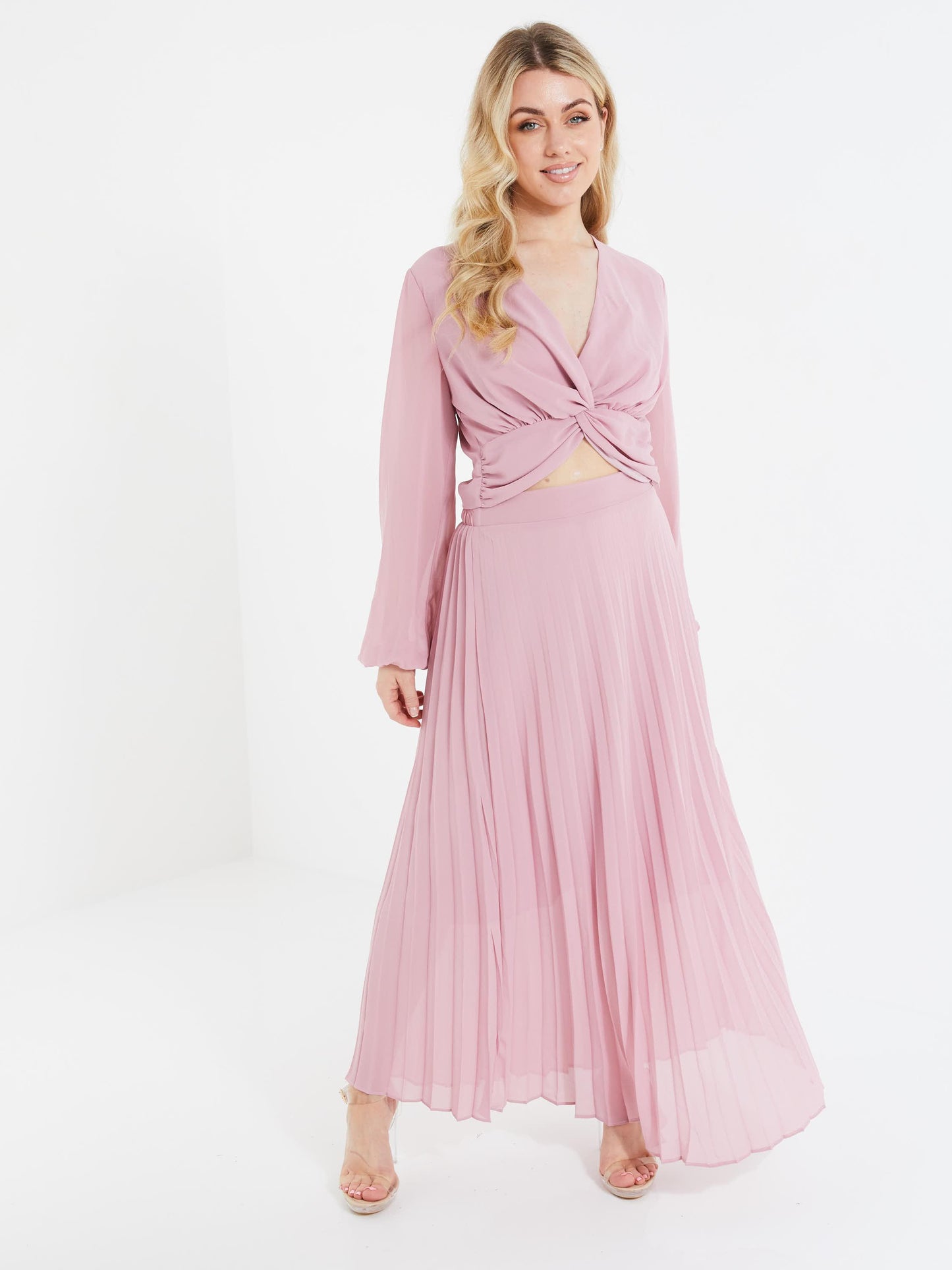 Pale Pink Chiffon Knot Crop Top