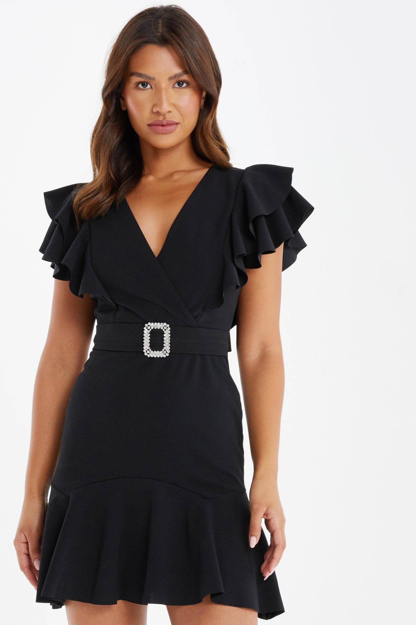 Black Belted Frill Mini Dress