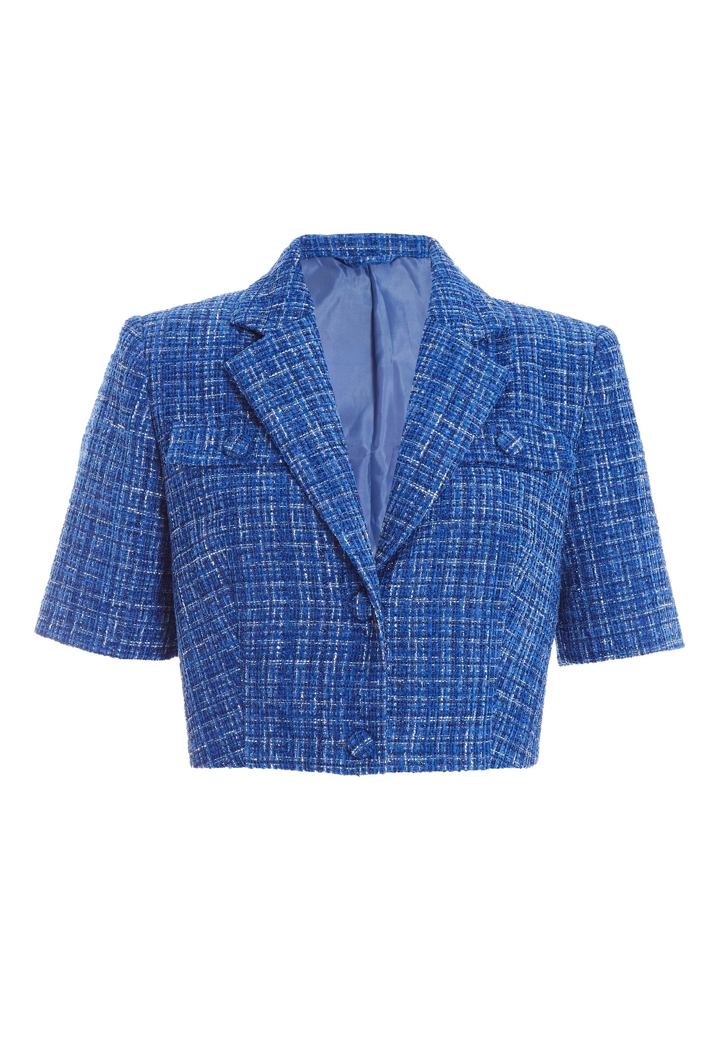 Royal Blue Checked Boucle Cropped Blazer