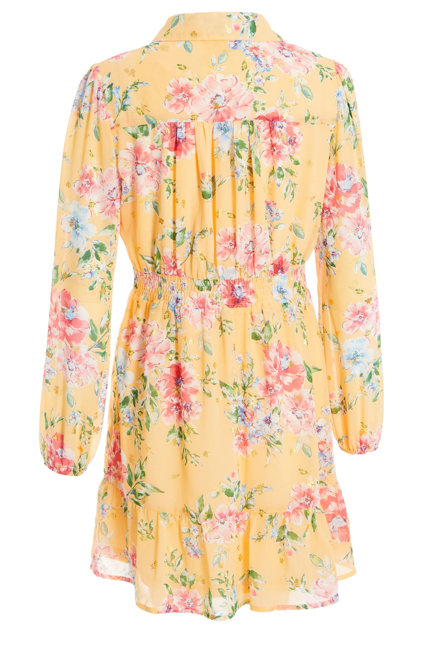 Yellow Chiffon Floral Shirt Dress