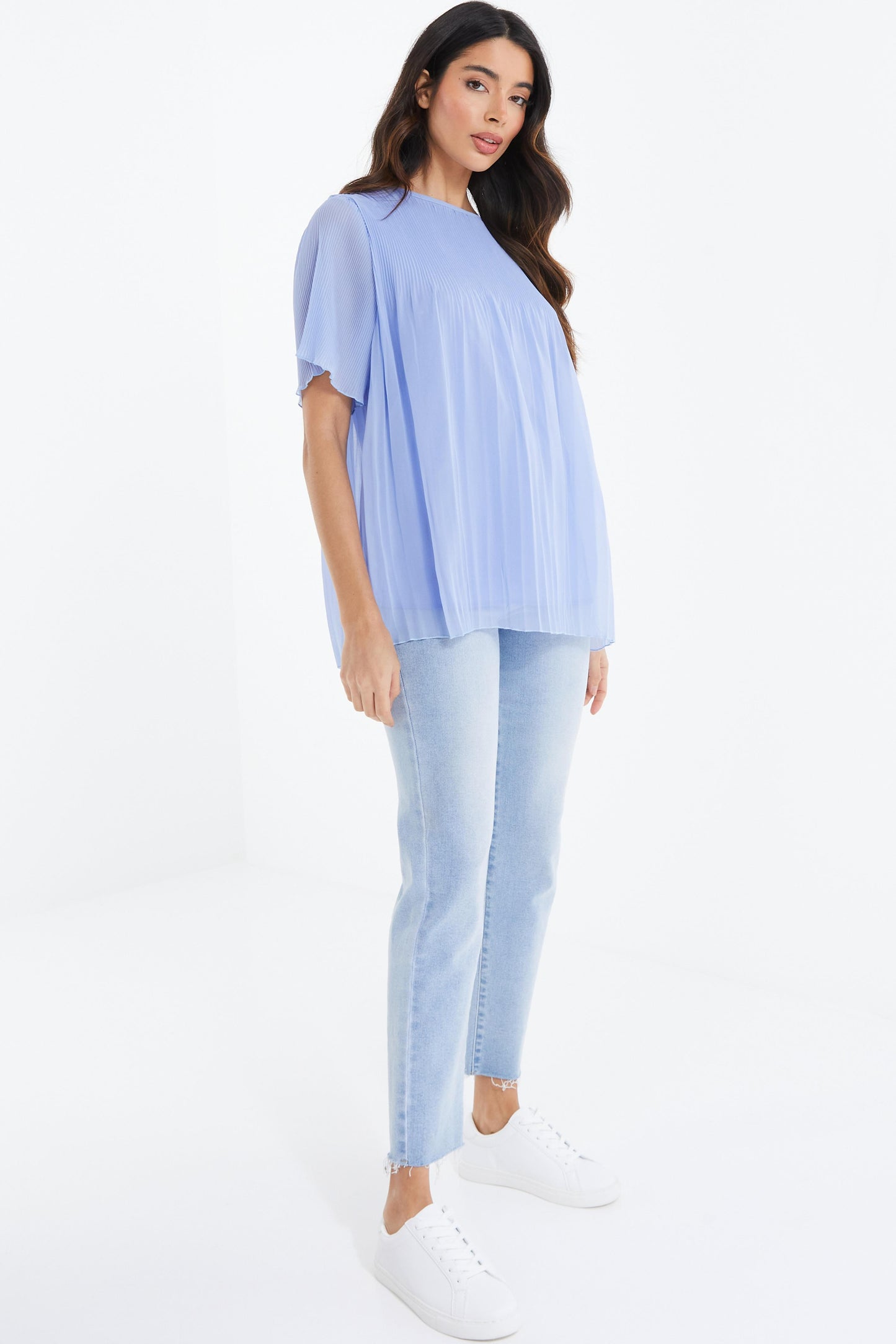 Light Blue Chiffon Pleated Blouse