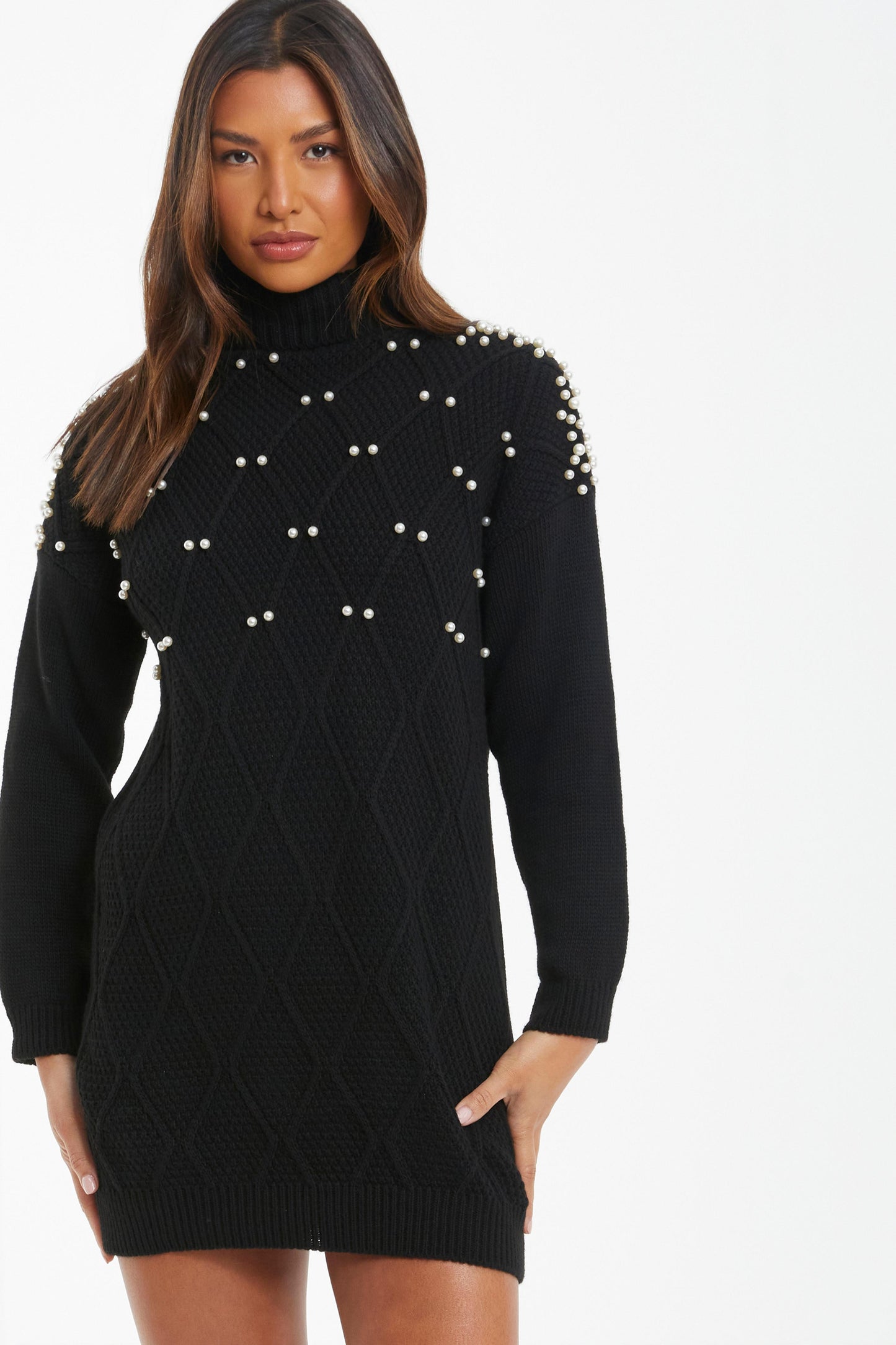 Black Knit Pearl Sleeve Jumper Dress — S