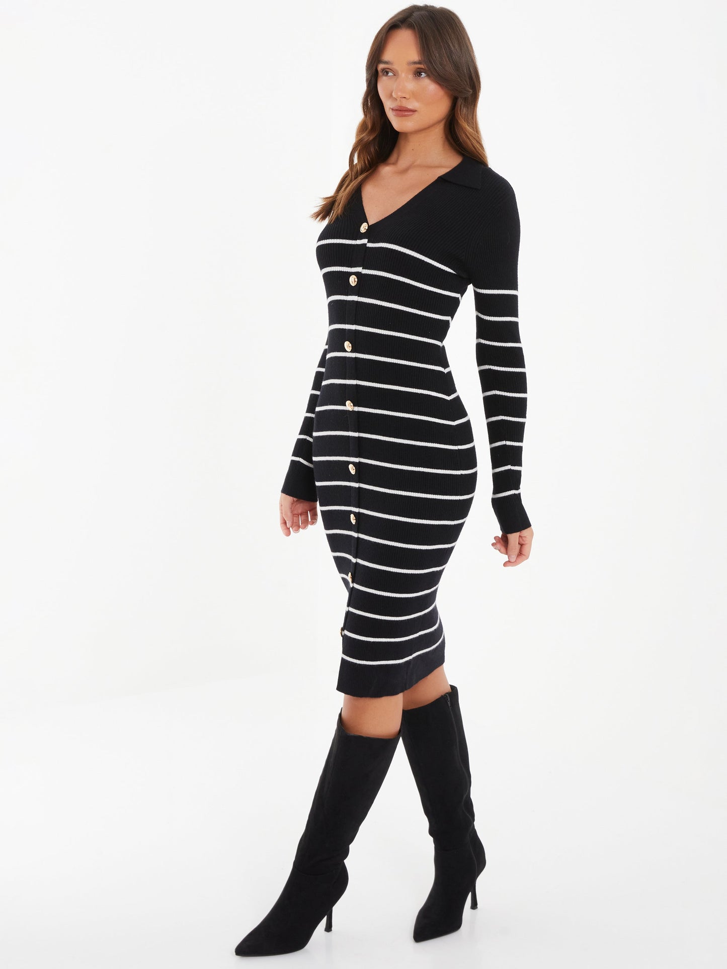 Black/Cream Knit Strip Midi Dress — Black / S Small 6