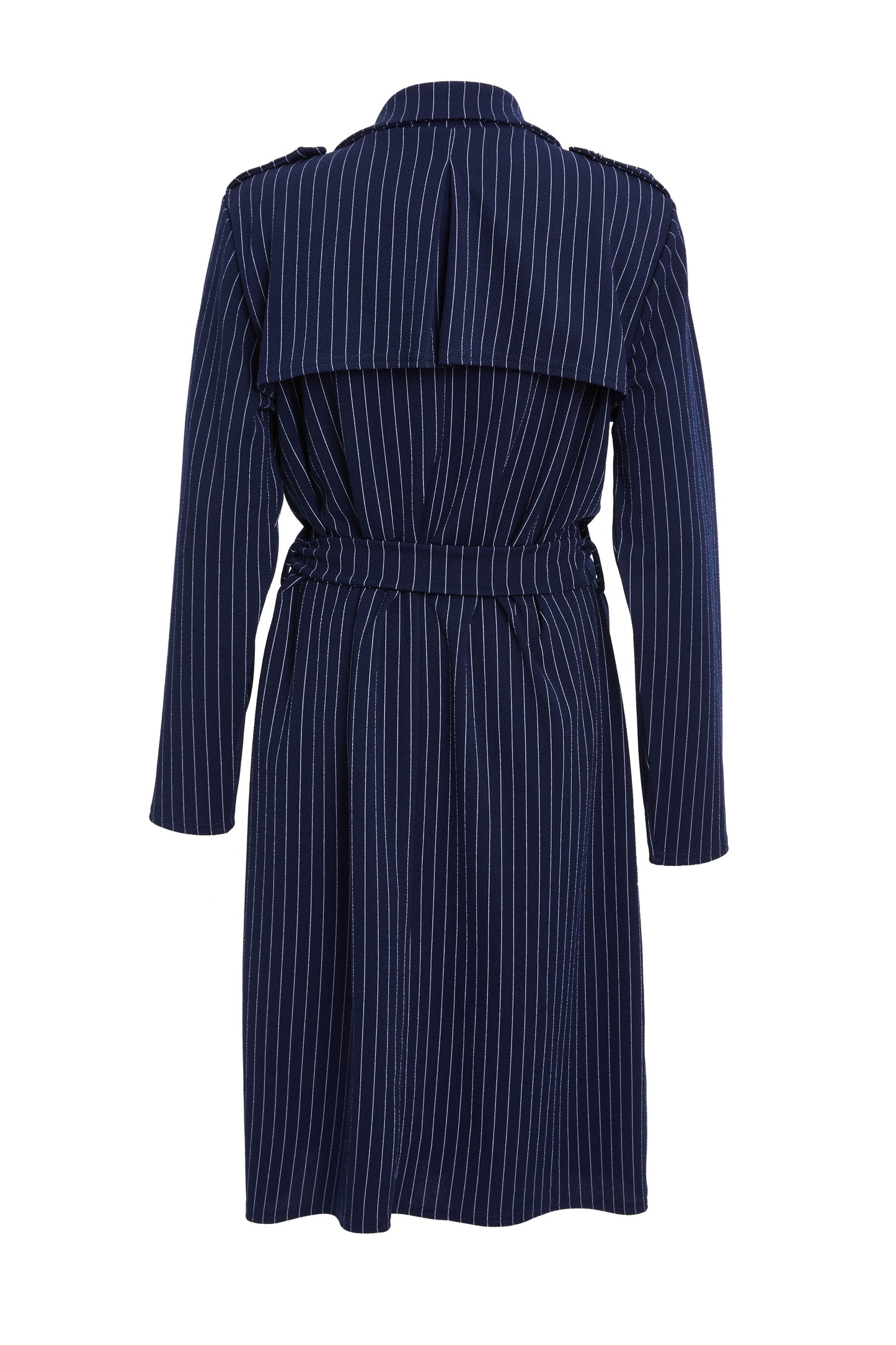 Light wight Navy Pinstripe Tie Belt Duster Coat — 16