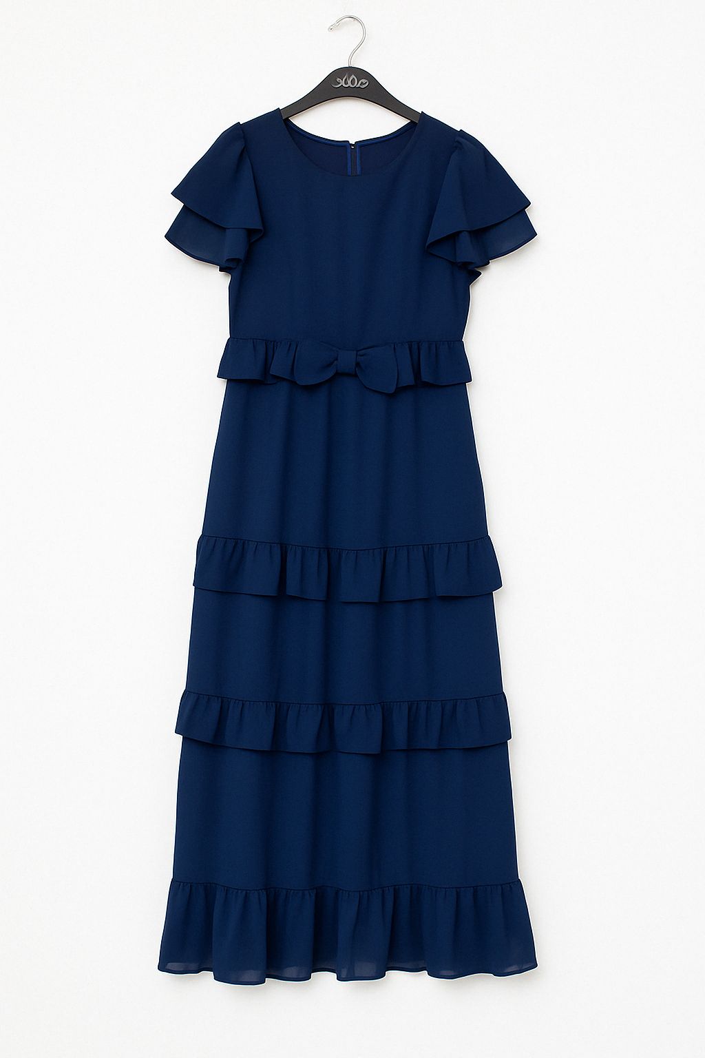Navy Chiffon V neck Frill Maxi Dress — 10