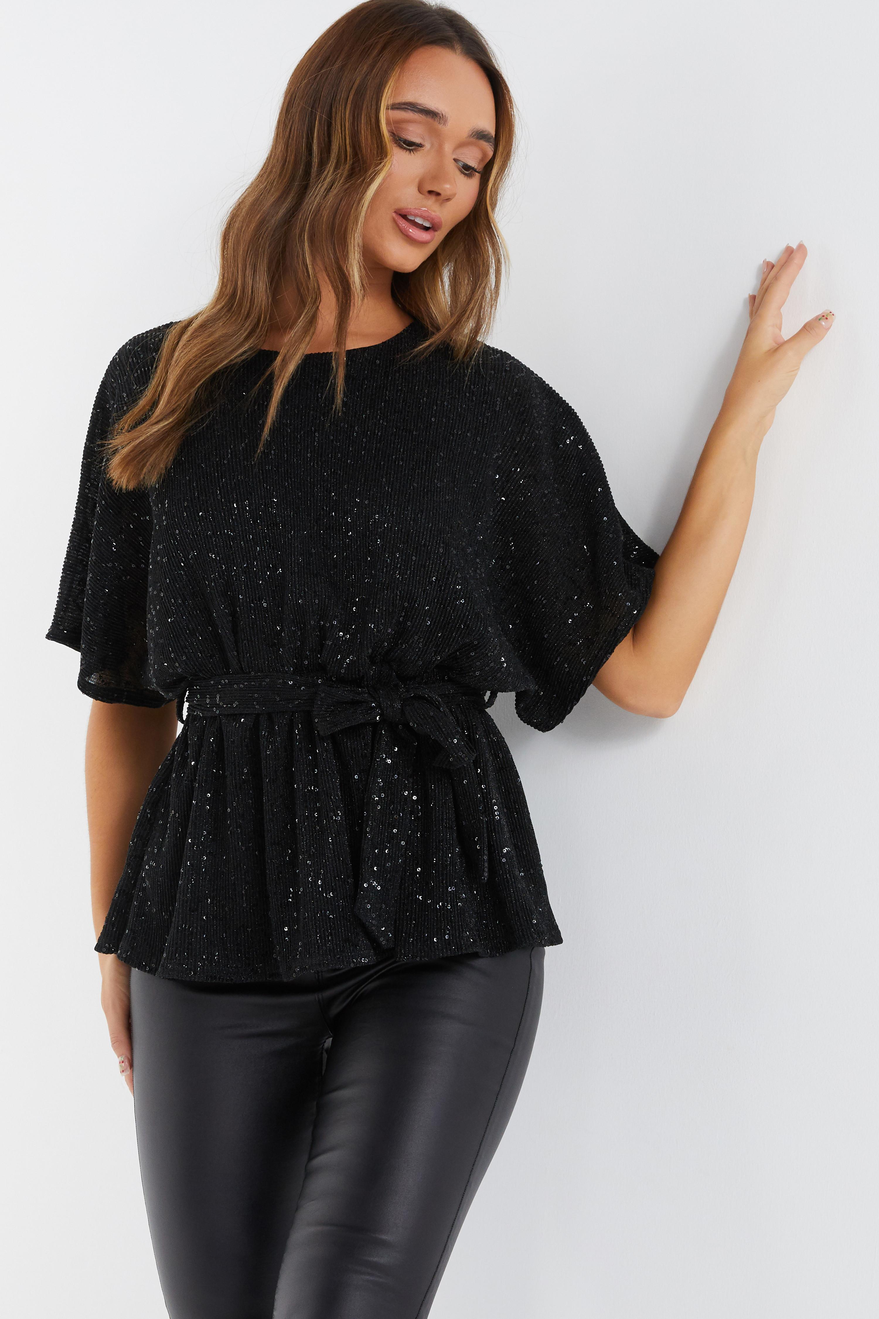 Black Sequin Batwing Peplum Top Quiz Clothing 4403