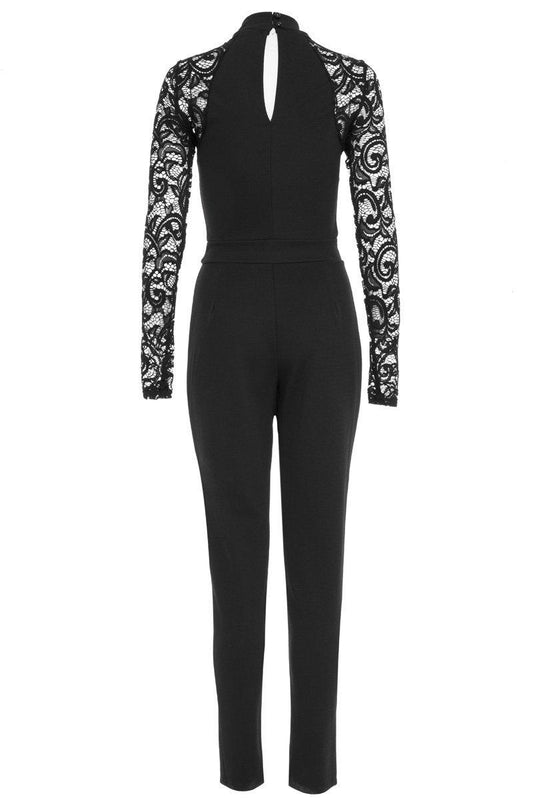 Black Crepe Lace Long Sleeves Turt Neck Jumpsuit