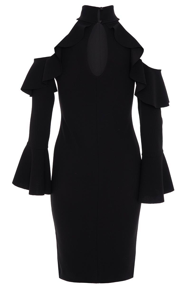 Black Crop Shoulder Frill Sleeves Bodycon Dress