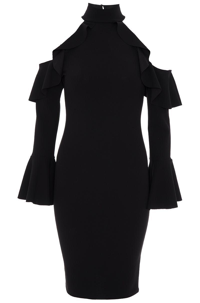 Black Crop Shoulder Frill Sleeves Bodycon Dress