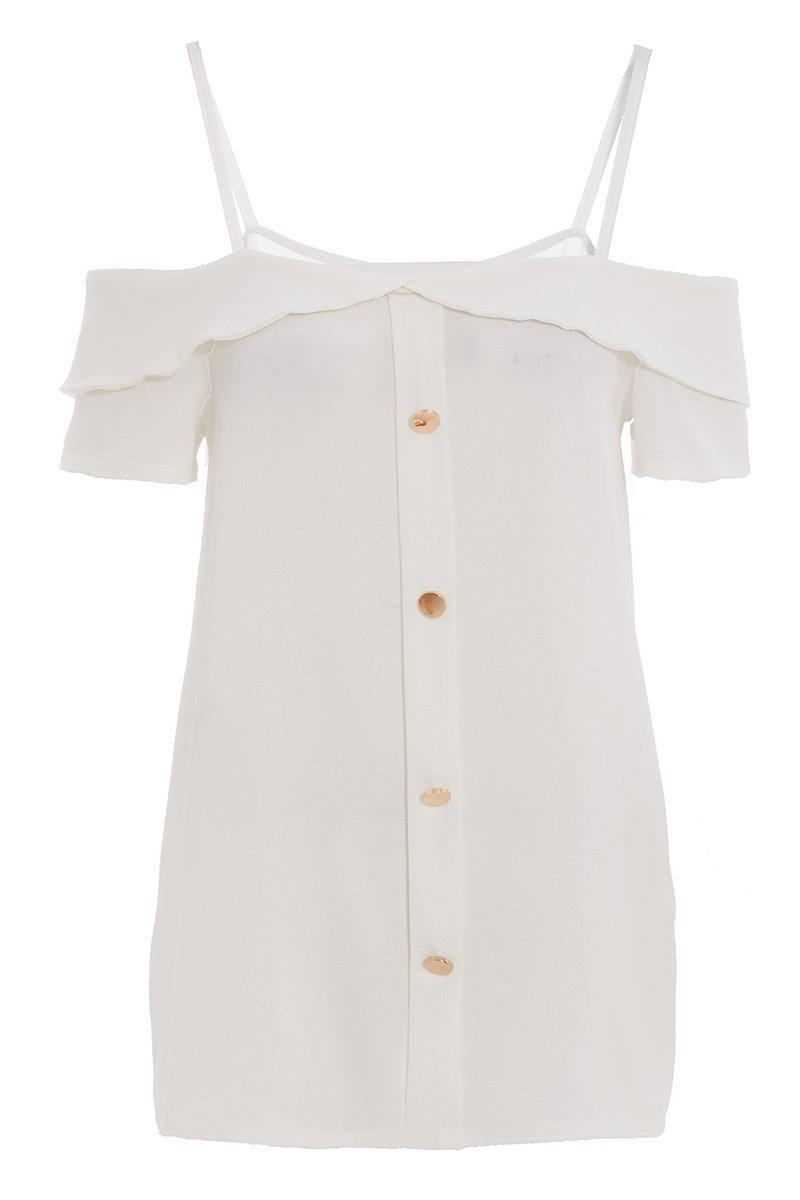 Cream Button Strap Cold Shoulder Top