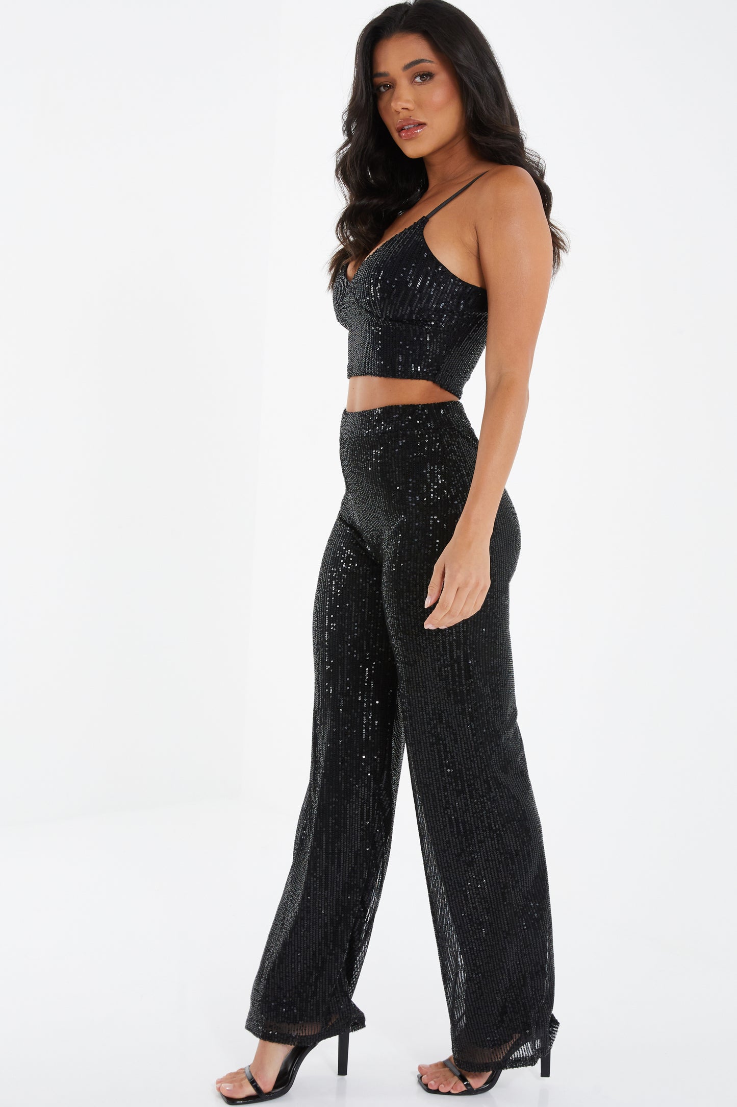 Black Sequin High Waist Palazzo Trousers