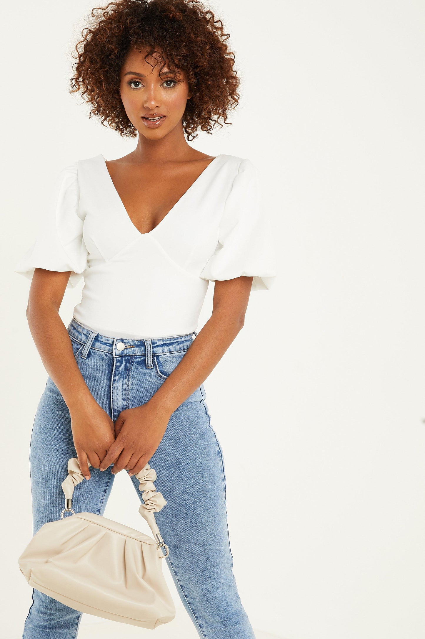 Cream Puff Sleeves Bodysuit — 14 / White