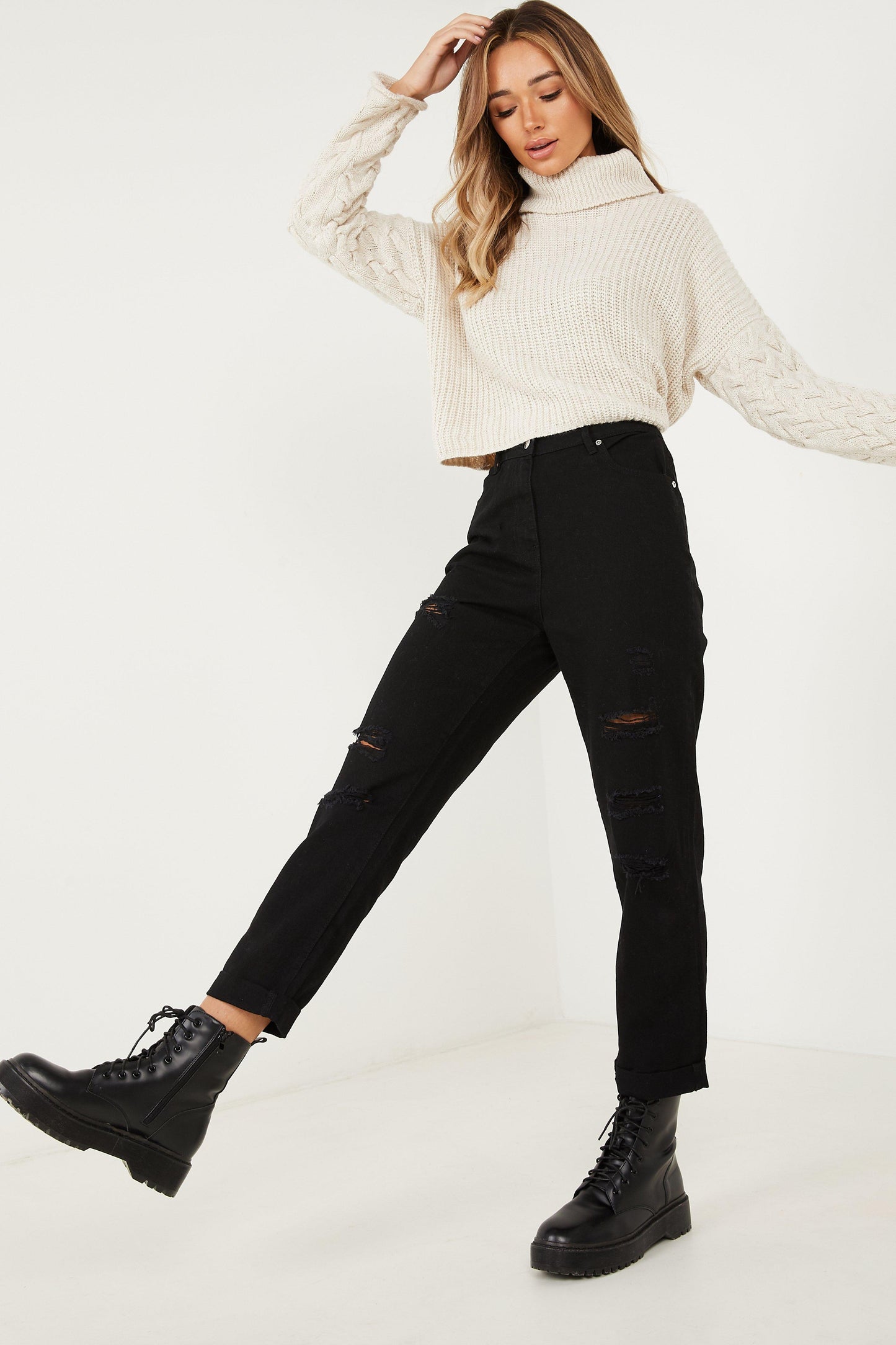 Black Denim Ripped Straight Leg Jeans — 8