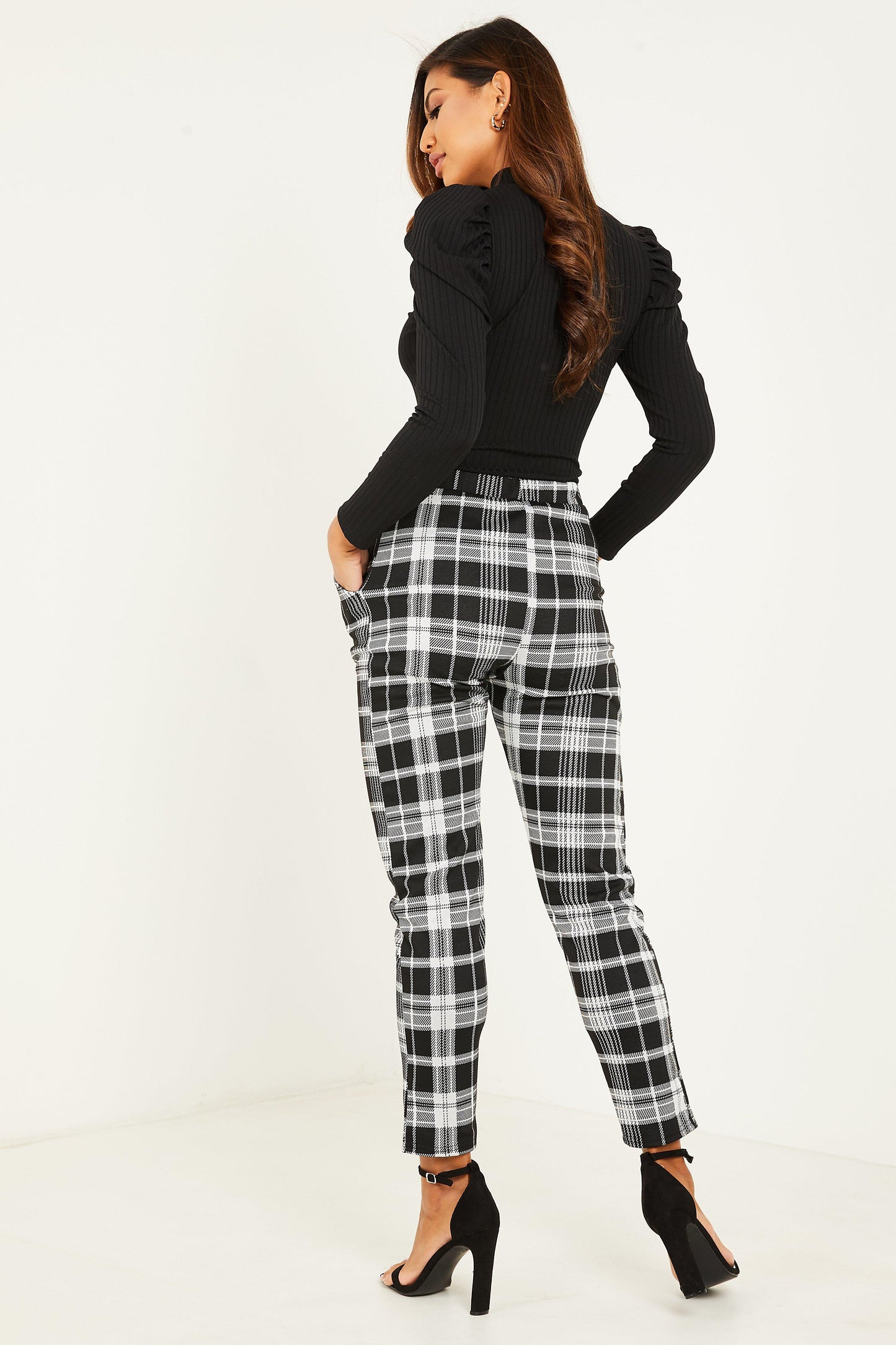 Black Check Button Detail Trousers