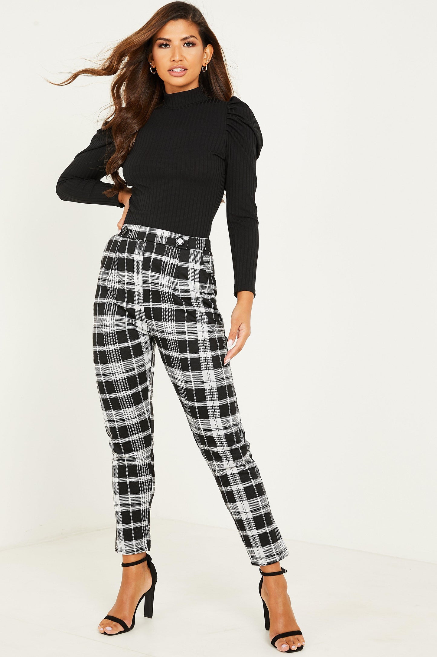 Black Check Button Detail Trousers