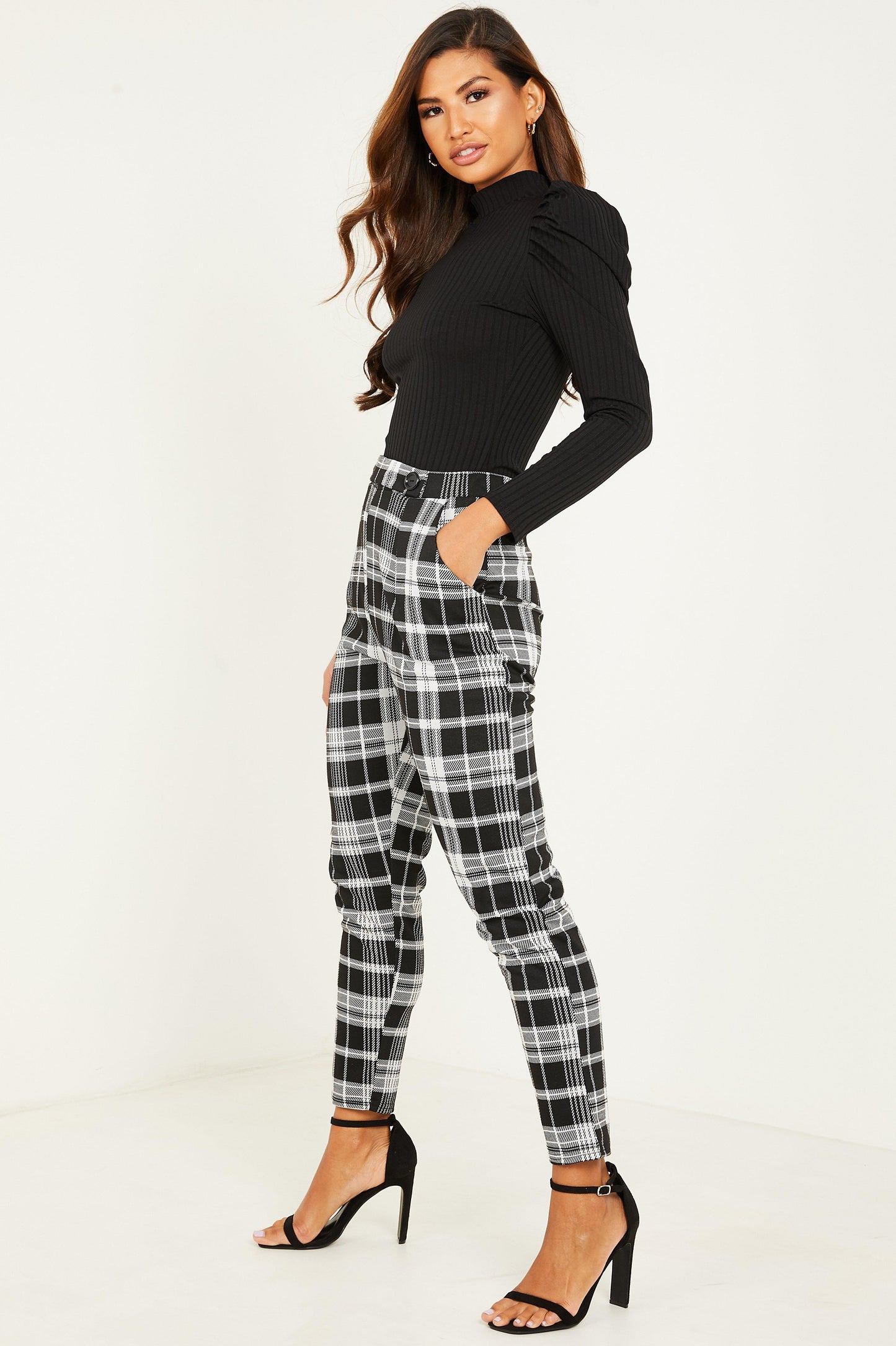 Black Check Button Detail Trousers