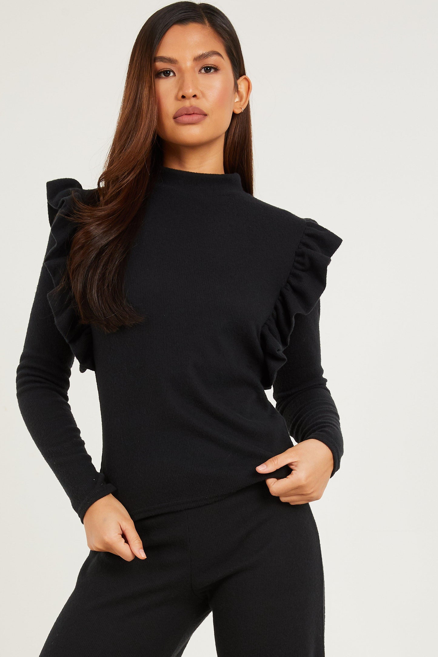 Black Frill Ribbed Top