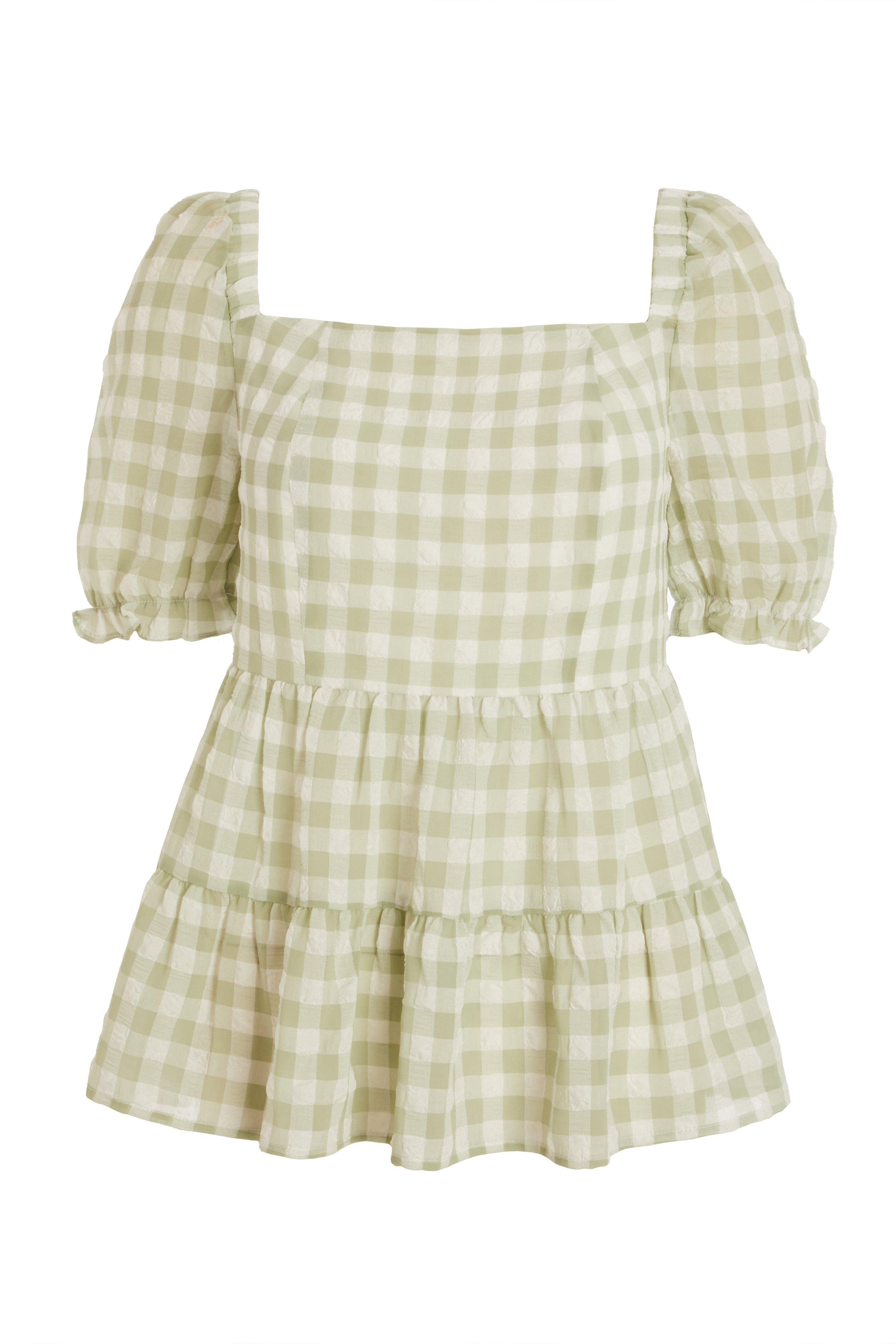 Sage Gingham Puff Sleeve Top â€” 16