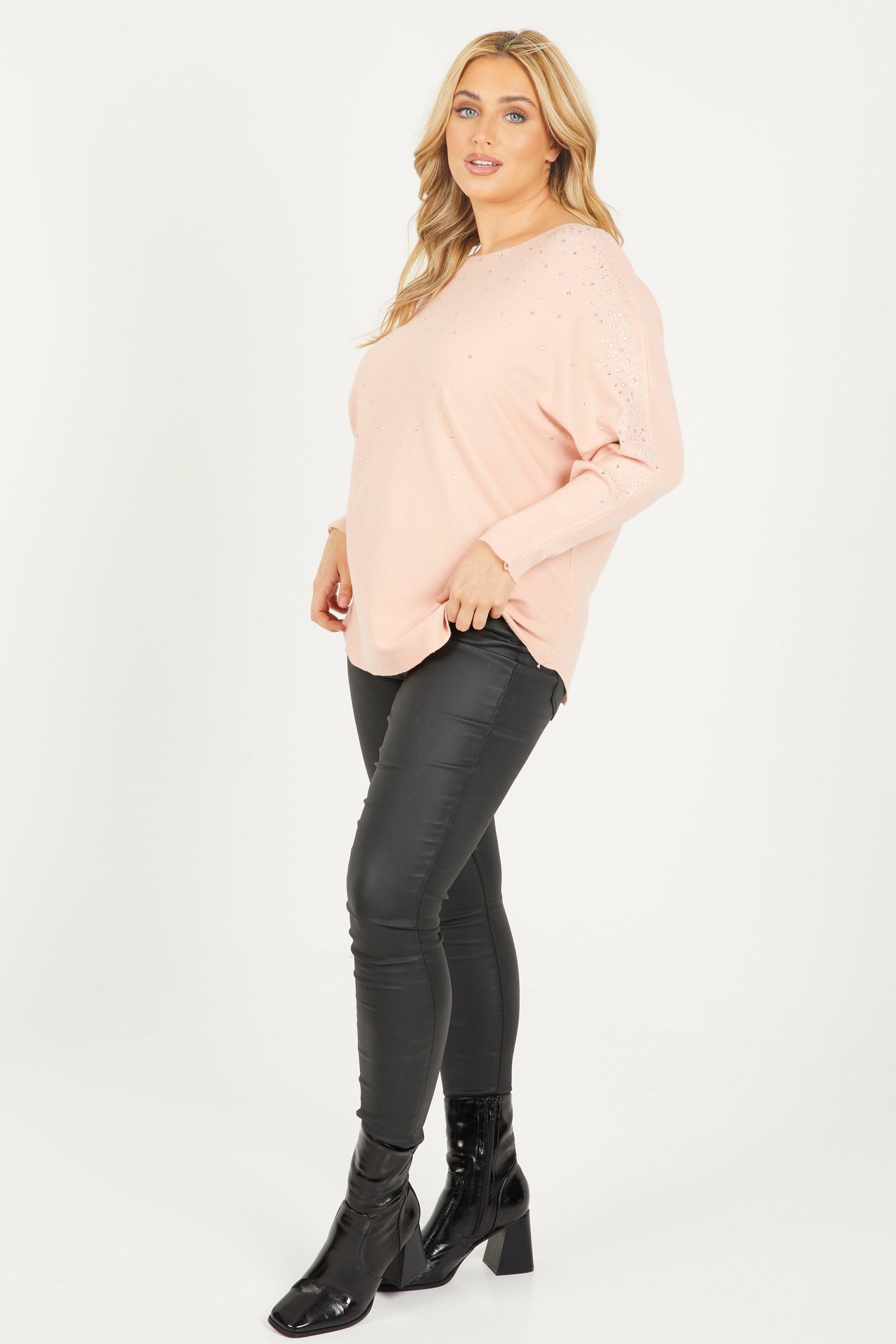 Curve Pink Knit Diamante Batwing Jumper