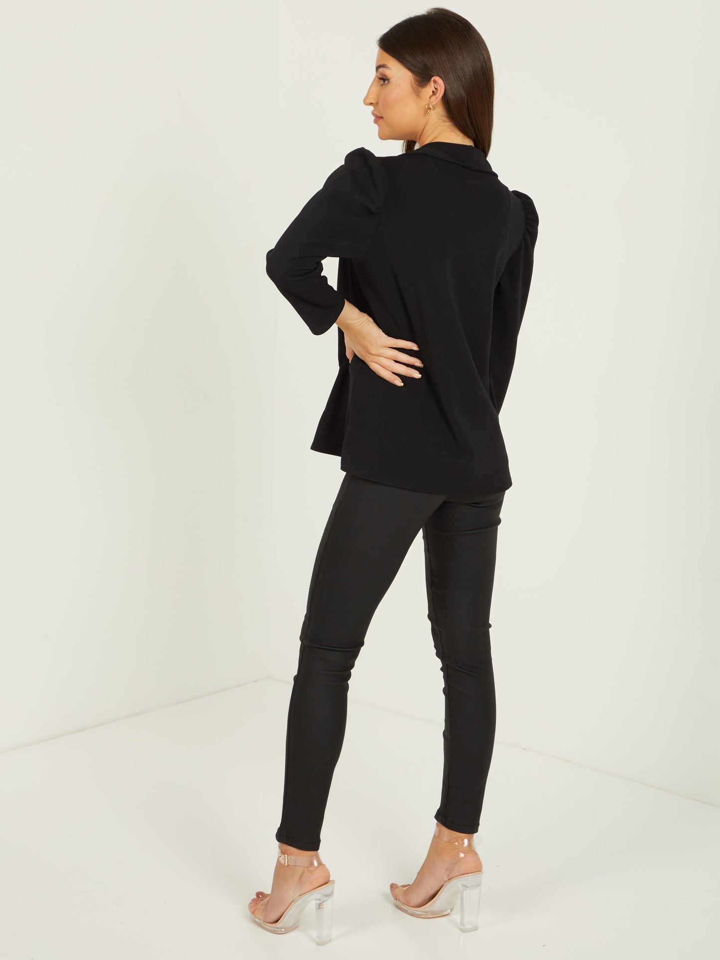 Black Scuba Crepe Puff Sleeves Blazer