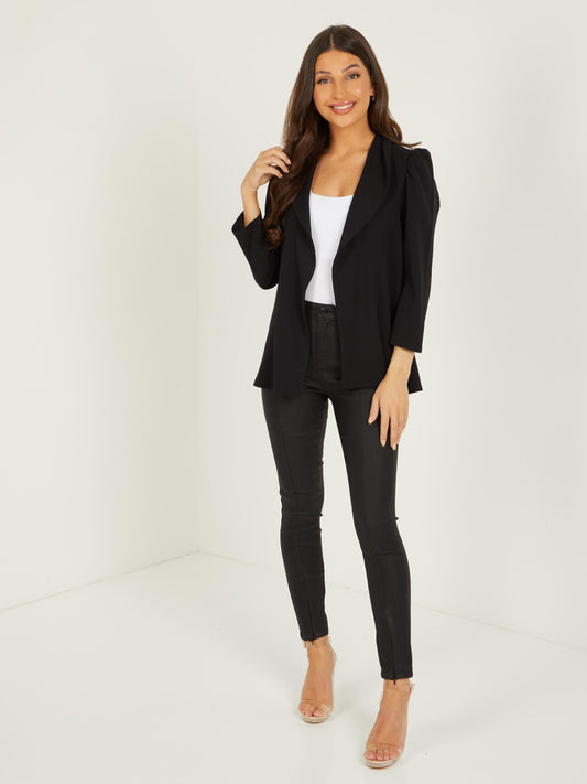 Black Scuba Crepe Puff Sleeves Blazer