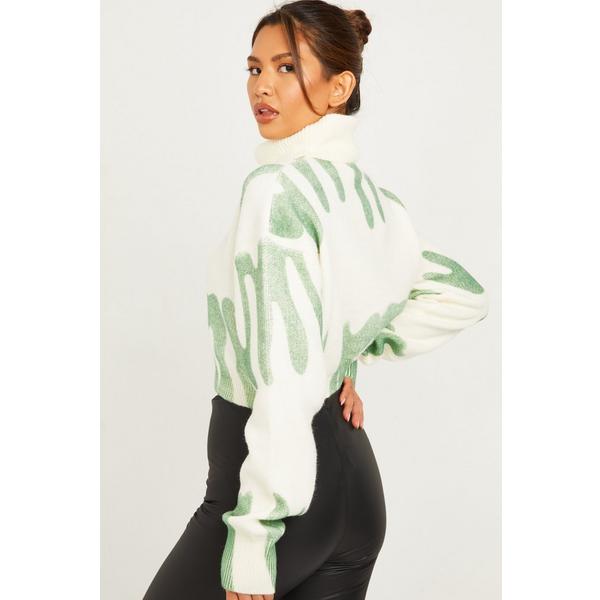 Green Spray Print Crop Jumper — L