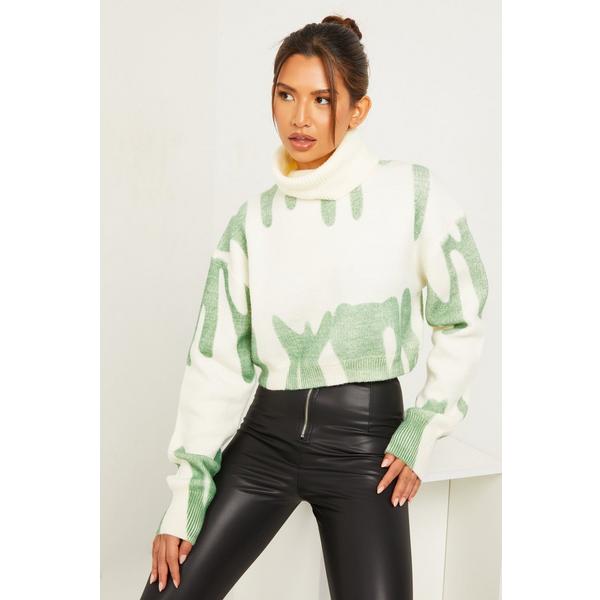 Green Spray Print Crop Jumper — L