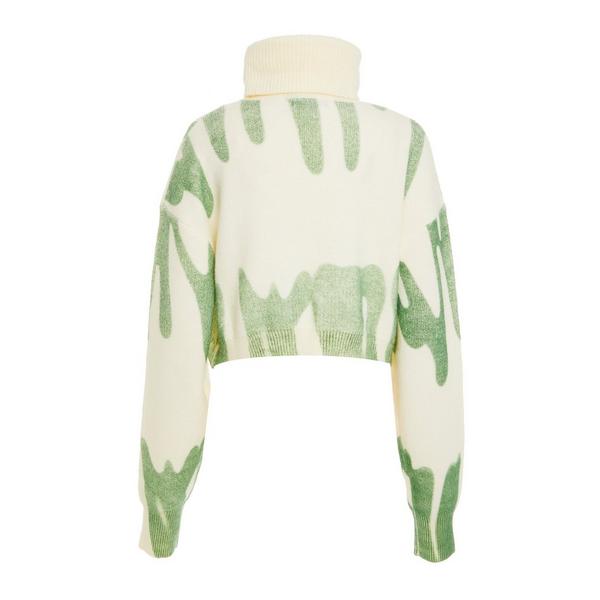 Green Spray Print Crop Jumper — L