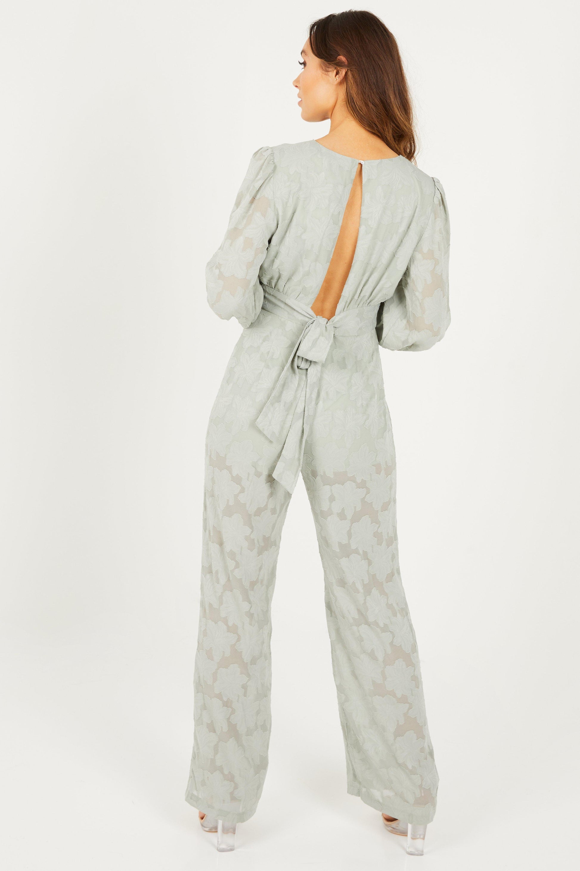 Sage Jacquard Wrap Palazzo Jumpsuit — 18