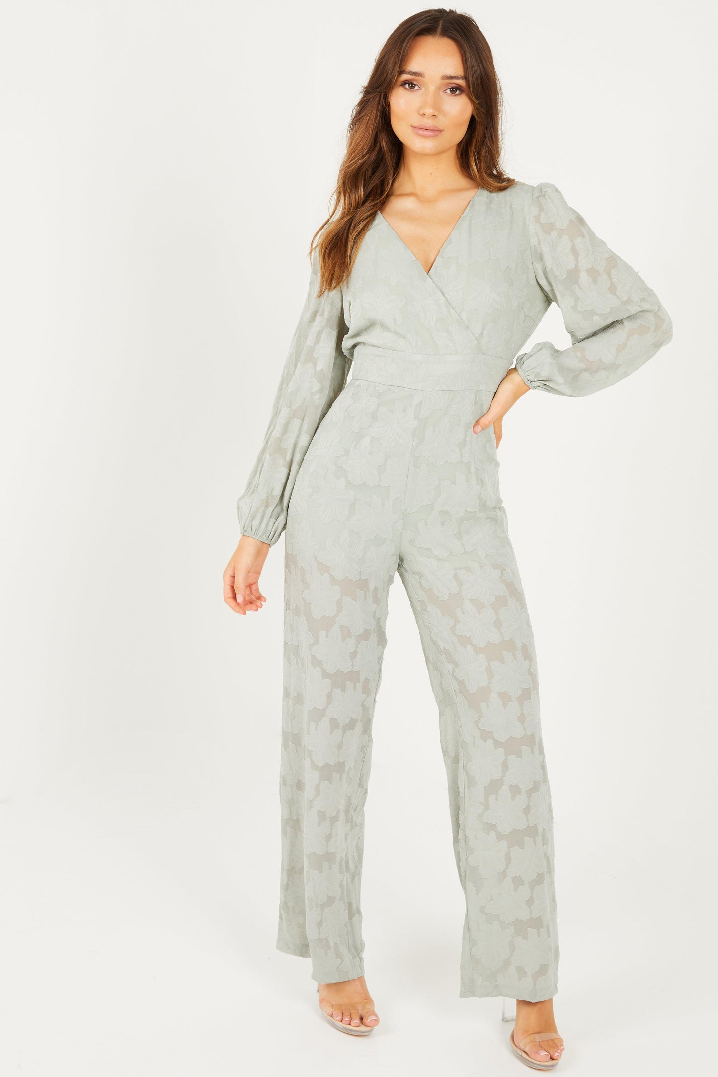 Sage Jacquard Wrap Palazzo Jumpsuit — 18