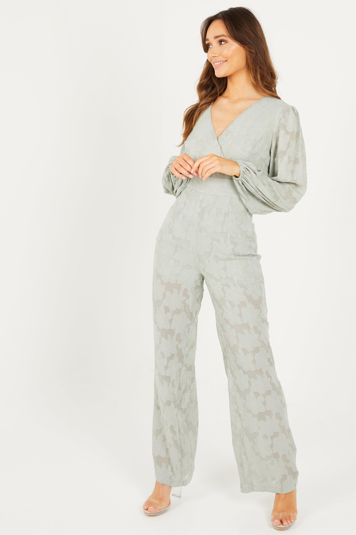 Sage Jacquard Wrap Palazzo Jumpsuit — 18
