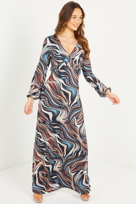Brown/Blue Soft Marble Frill Long Sleeves Jumpsuit