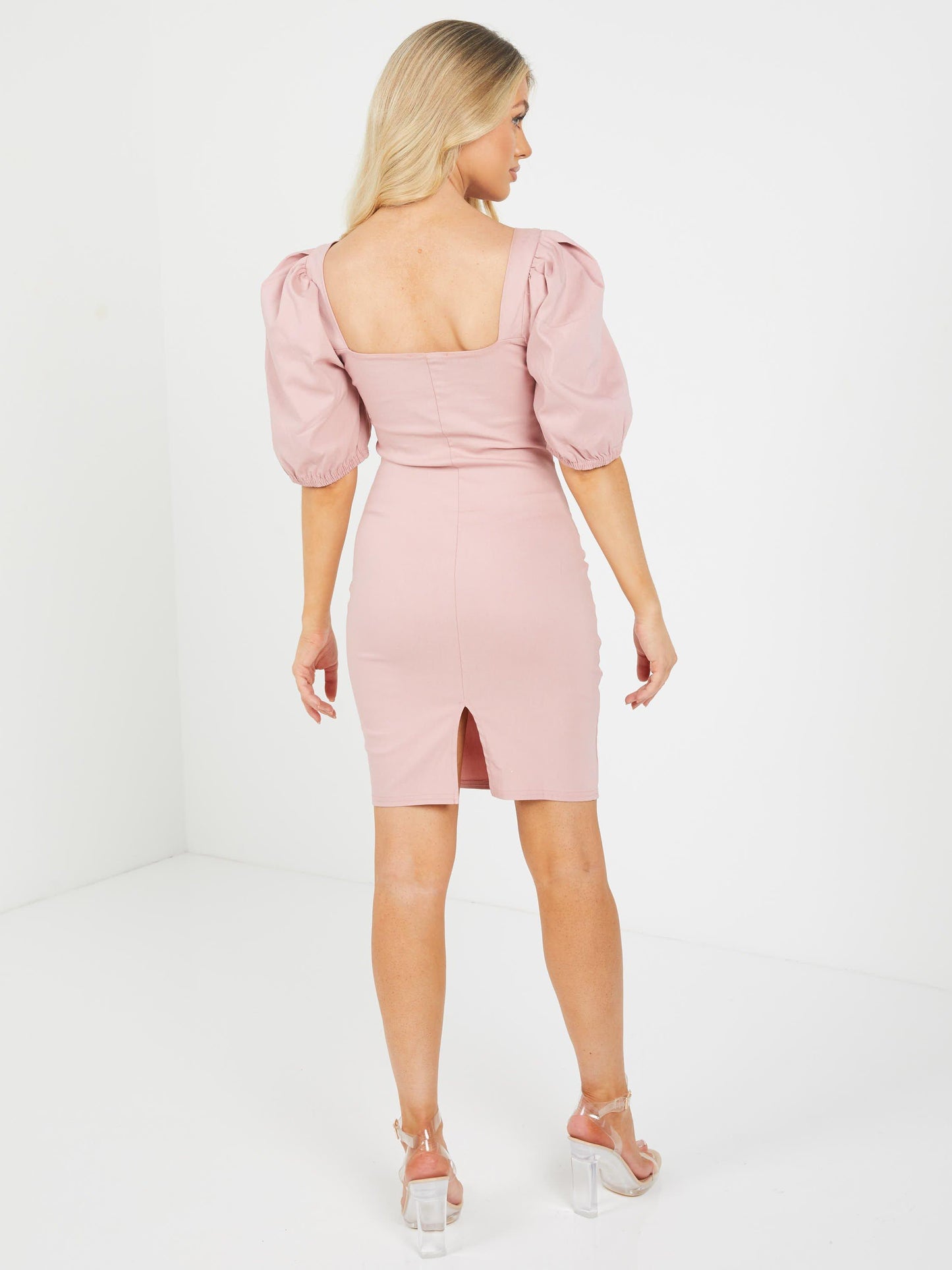 Blesh Knit Front Puff Sleeve Bodycon Dress