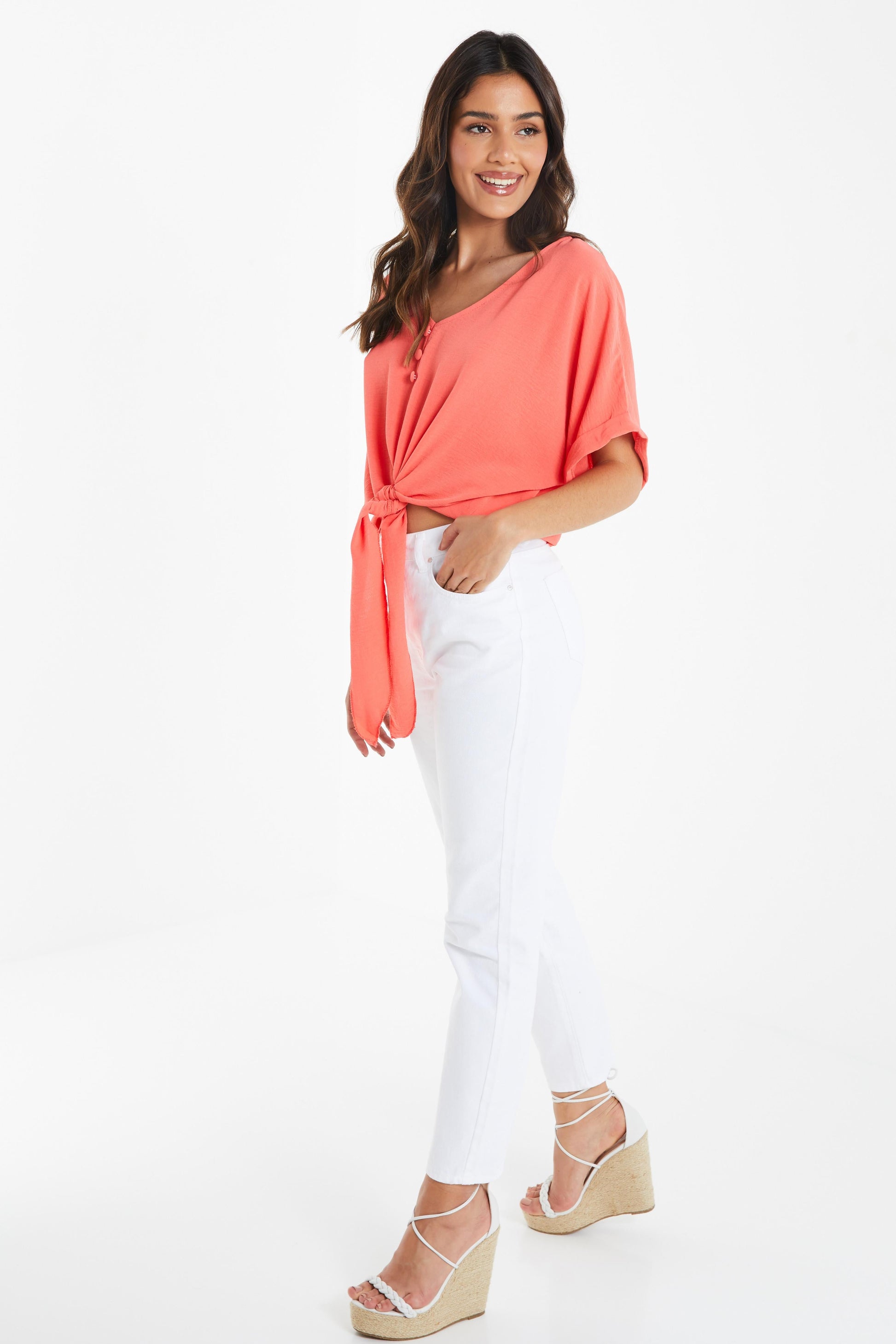 Coral Tie Front Batwing Top — S Small 6