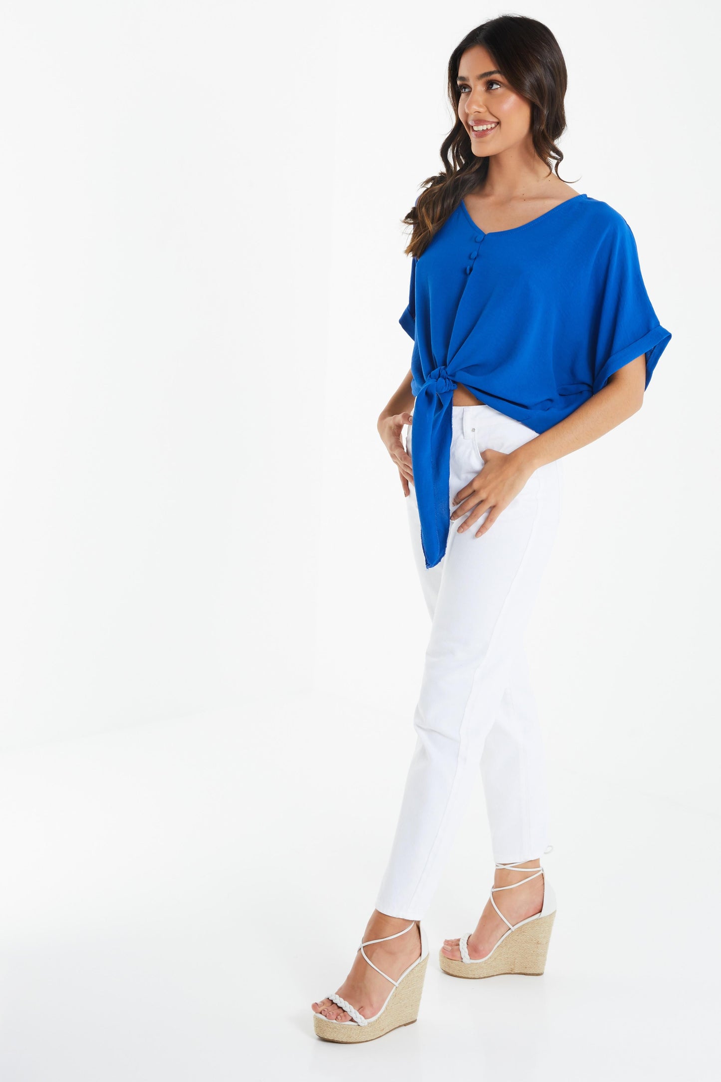 Blue Tie Front Batwing Top â€” L
