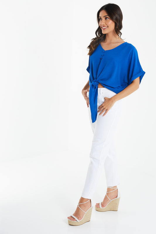 Blue Tie Front Batwing Top â€” L
